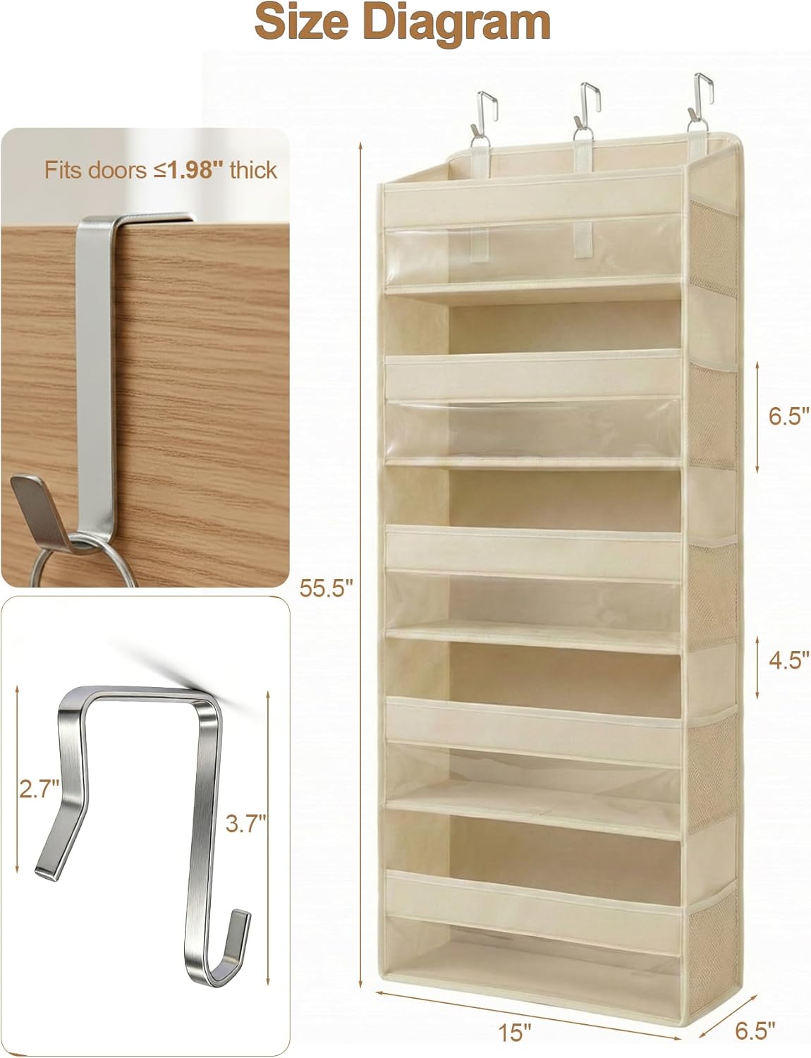 Over The Door Organizer 5-Shelf Closet Hanging Storage with 10 Mesh Pockets, 50 lbs Weight Capacity Door Organizer Hanging for Bathroom, Bedroom, Baby Nursery and Pantry, Ivory