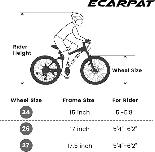 Miniatura 7 de Ecarpat - Bicicleta de montaña de 2426 pulgadas, 21 velocidades con frenos de disco de aluminiomarco de acero de alto carbono, bicicleta de montaña