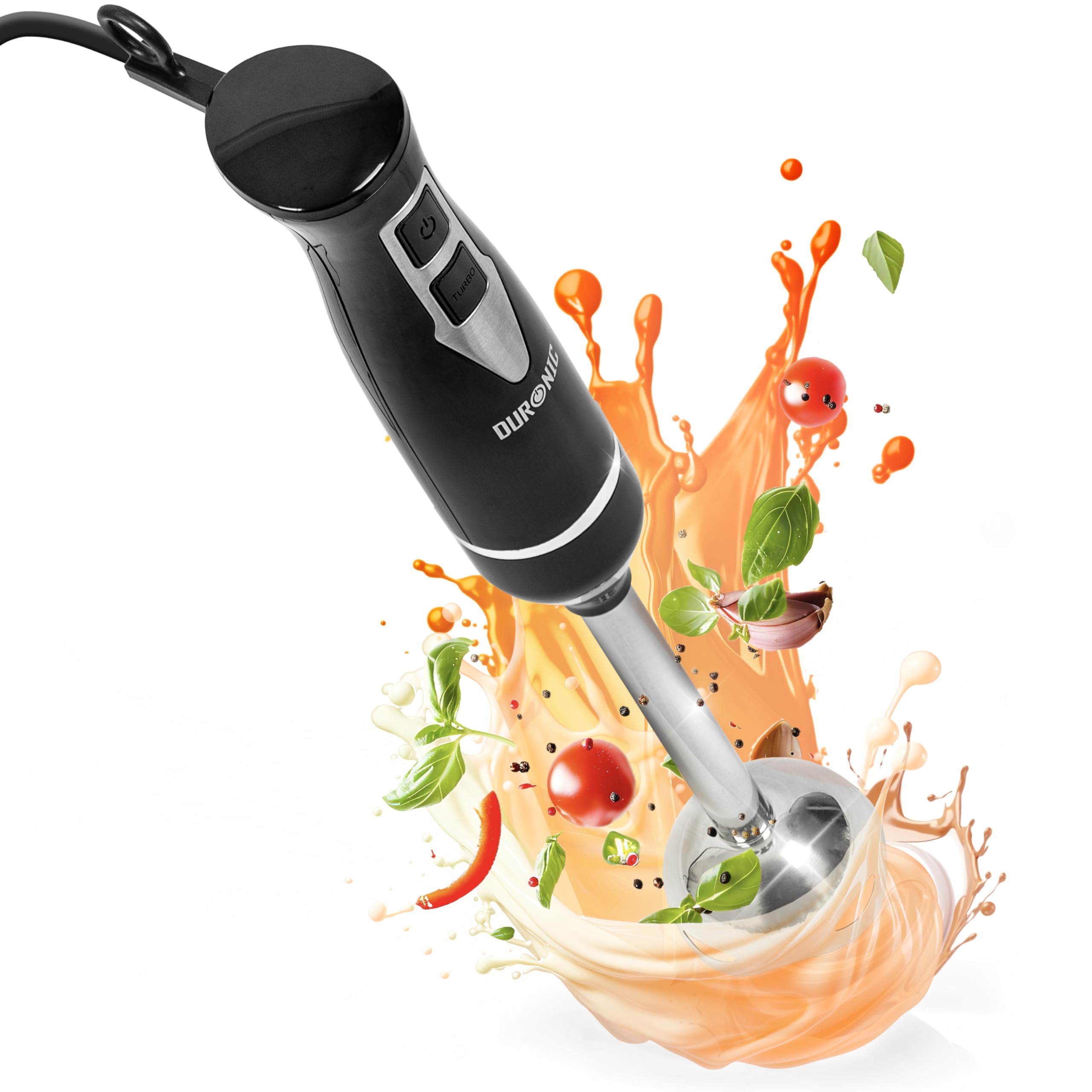 Duronic Electric Hand Blender HB35B - Handheld Stainless Steel Immersion Stick Shaft, 350W Power, Lightweight Ergonomic Design with Versatile Dual Blades for making Smoothies, Soups or Baby Food