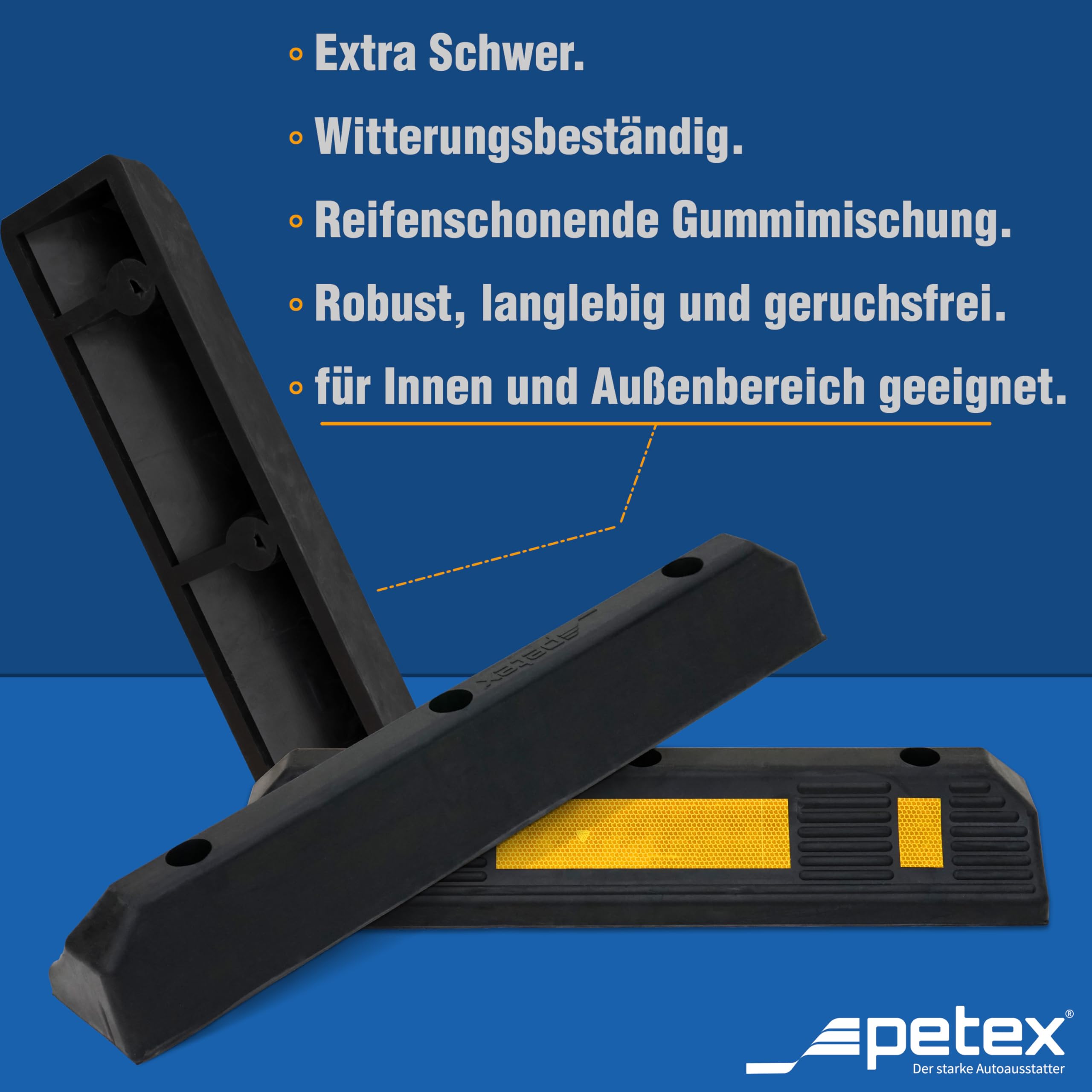 PETEX Fermaporta Ruota Garage con Strisce Riflettenti Gialle ECE R 104 per Garage e parcheggi, 58,7 x 12 x 9,5 cm, Supporto parcheggio in Gomma, Nero