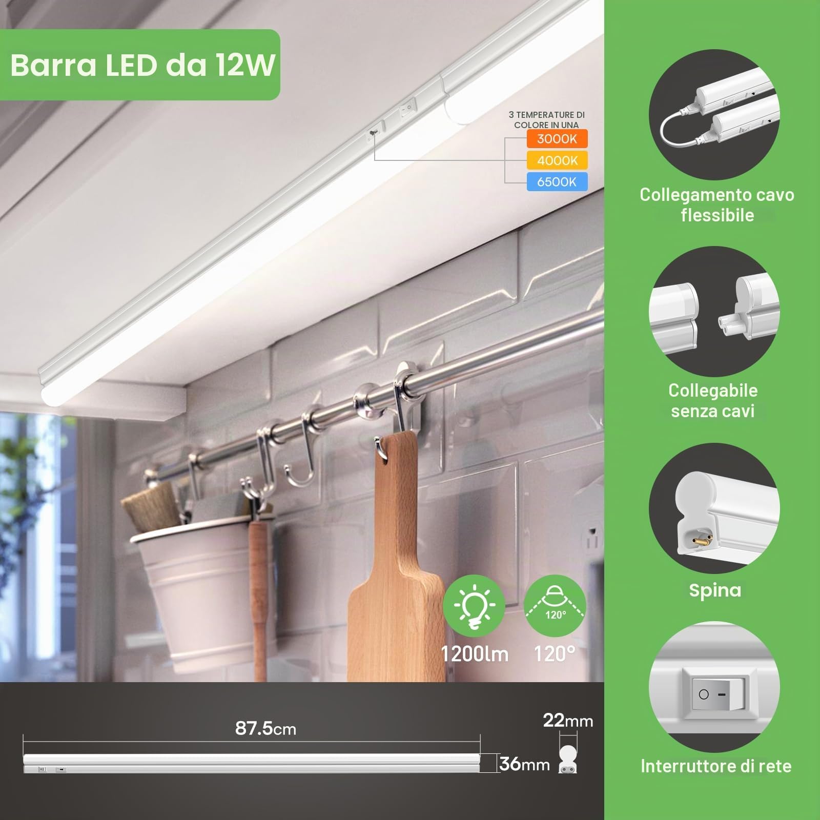 ALUSSO Luci LED per Cucina 12W 1200lm, 3CCT 3000K 4000K 6500K, Illuminazione Sotto Mobile con Interruttore e Cavo, Lightbar LED 88cm 230V, Barra Luce Bianca per Pensili Set di 2