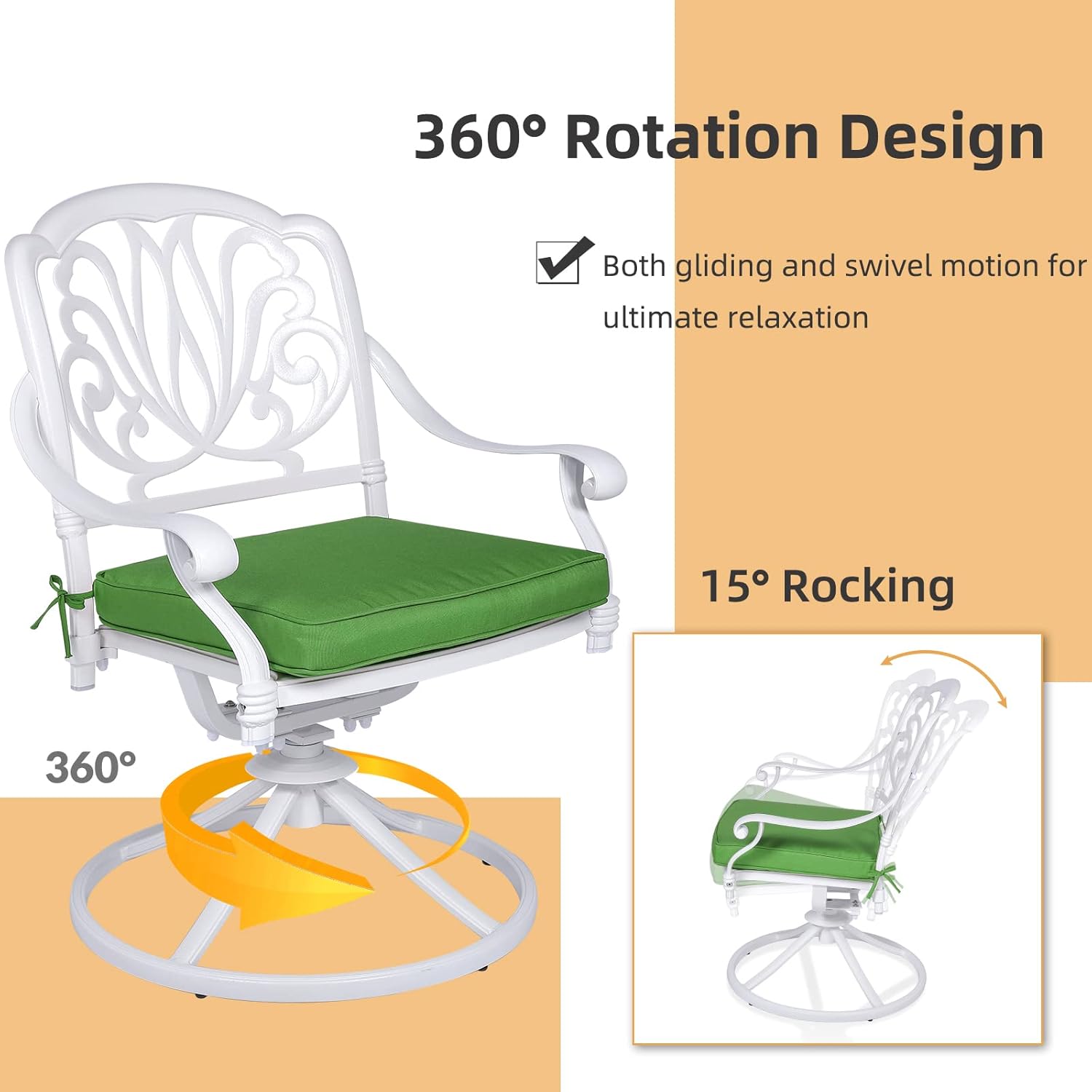 5 Piece Patio Dining Set, Outdoor Table and Chairs Set for 4 Cushioned Swivel Rocking Chairs and 35.4'' Round Table, All-Weather Cast Aluminum Patio Funiture Set, 2'' Umbrella Hole, White