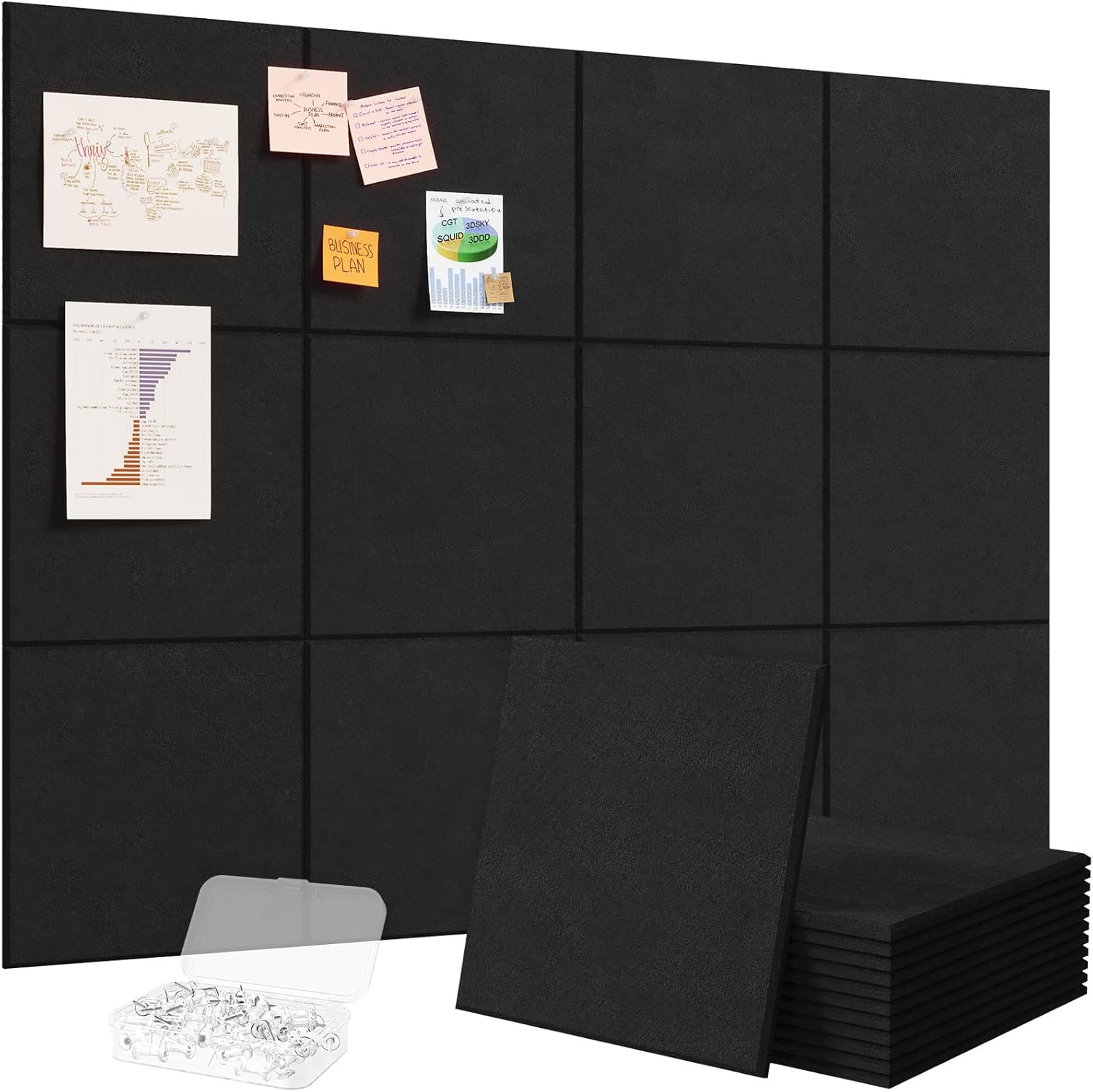 Lifewit 48"x 36" Felt Bulletin Board with Self-Adhesive, 12 Pack Cork Board Alternative for Walls, Large Pin Board Vision Board Message Board with 50 Pushpins for Office Decor, Room Decor, Black