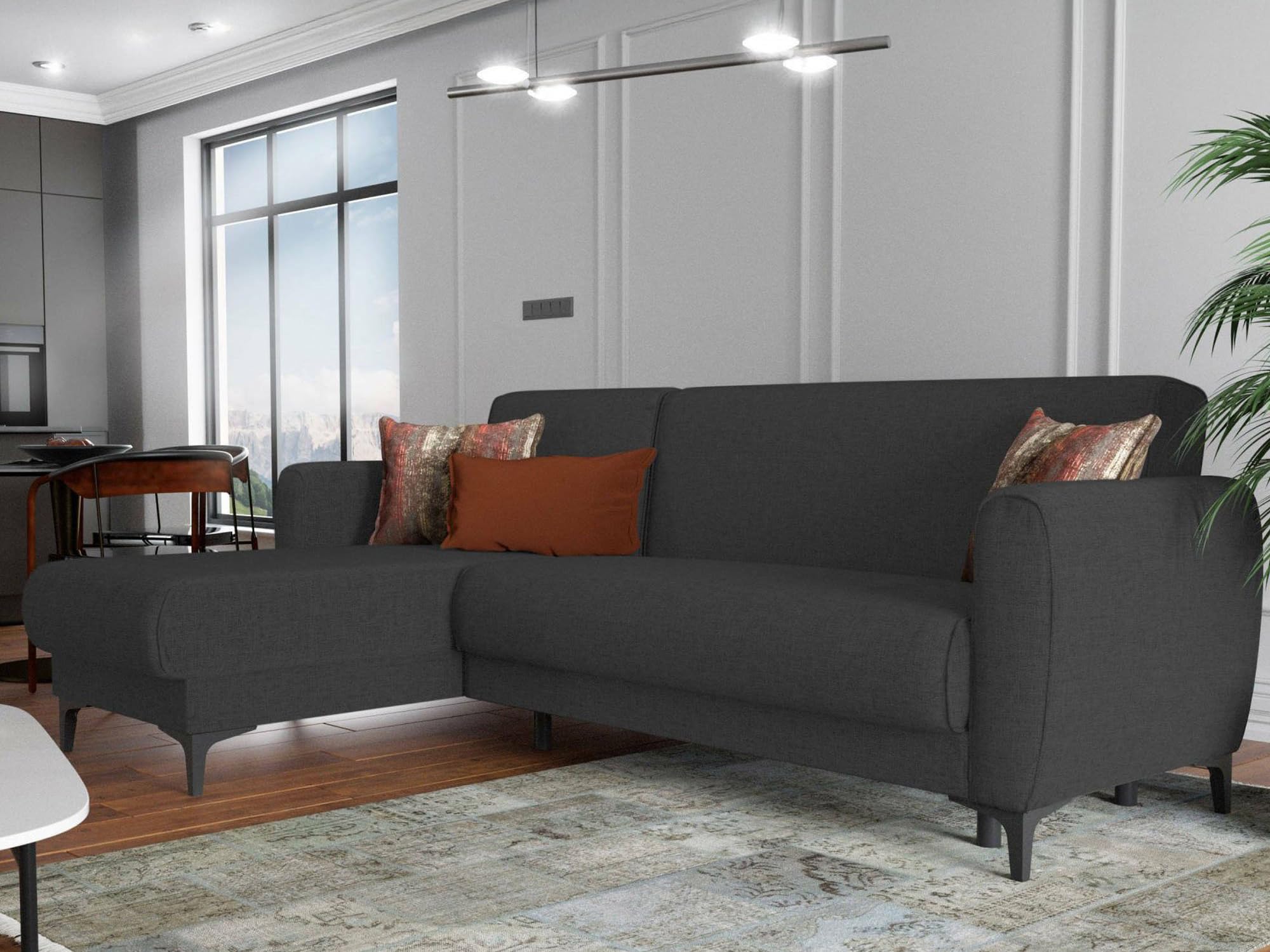 Dmora - Divano Letto con penisola Angel, Divano ad Angolo Reversibile, Sofà Contenitore Moderno con Chaise Longue e 3 Cuscini, 230x153h85 cm, Antracite