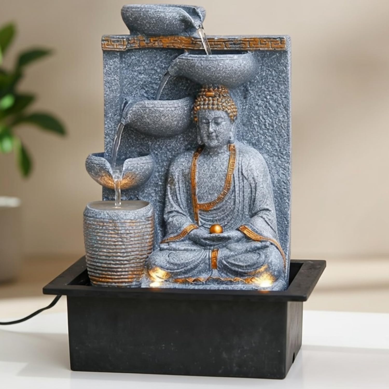 UAG EXPORTS Diya Samadhi Buddha Meditating Water Fountain with Warm LED & Adjustable Pump 4-Diya Steps Indoor Waterfall for Home Decor, Office Trickling Sound Gifting Positive Energy & Gifting-image-19