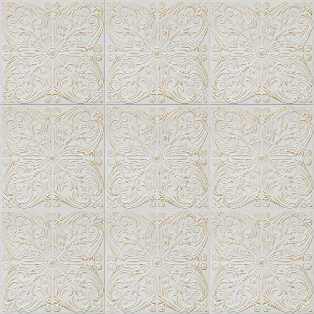 R39A White Satin Washed Gold 20x20 Amazing Styrofoam Tin Look Ceiling Tiles Easy to Glue Up On Any Type of Surface