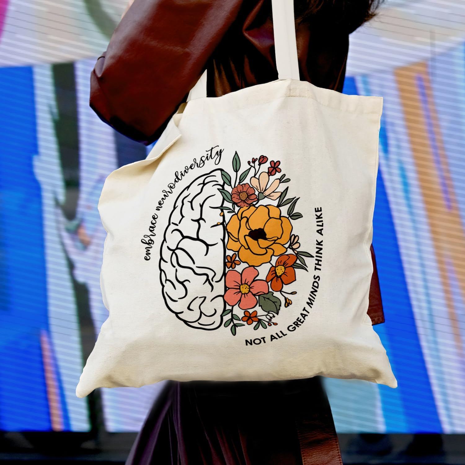 Inspirational Neurodiversity Tote Bag, Autism Awareness Floral Canvas Tote Bag for Women, Mental Health Gifts for Women, Special Education Teacher Gifts, Reusable Grocery Bags Shopping Bags - Image 2