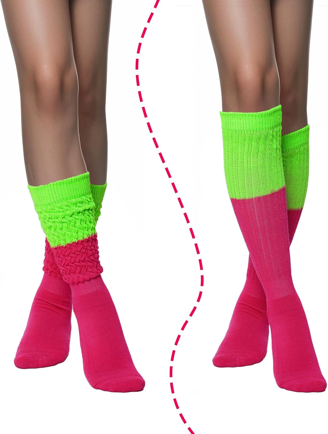 2 Pairs Women's Slouch Neon 80s 90s Scrunch Socks Extra Long Knitted Stacked Knee High Socks - Image 2