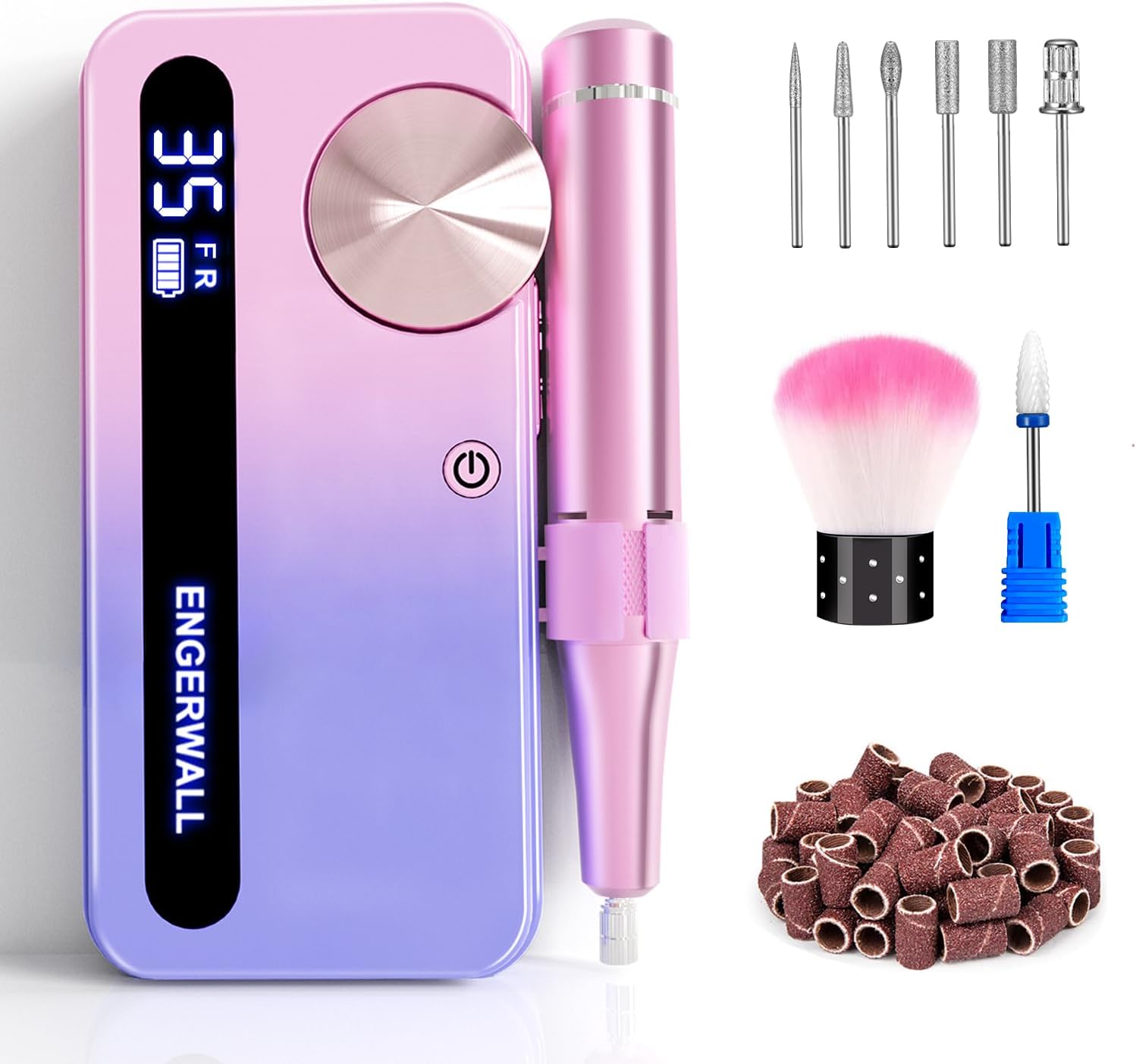 ENGERWALL Elektrische Nagelvijl met 7 Polijstkoppen en 56 Schuurbanden voor Manicure en Pedicure voor het Inkorten, Vijlen, Vormgeven en Verzorgen van Nagels en Nagelriemen, 35.000 tpm, Blauw-Roze