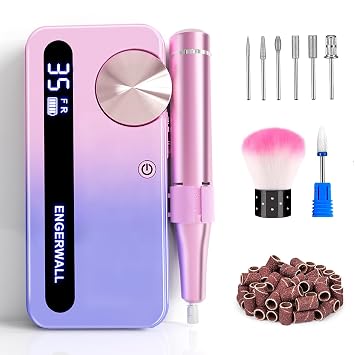 Rechargeable Nail Drill 35000RPM, Professional Portable Electric Nail File for Acrylic Gel Nails, Cordless E-File Kit with 7 Bits & 56 Sanding Bands for Manicure Pedicure, Pink-Blue