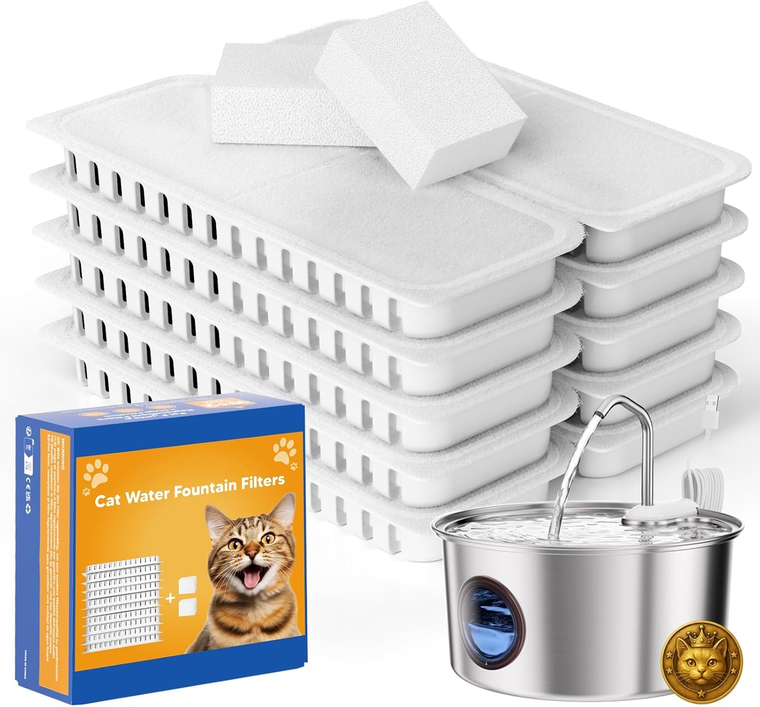Kittyspout Cat Water Fountain Filters,Replacement Filter for 108oz/3.2L Cat Fountain,10 Packs Filters & 2 Sponges Set for Stainless Steel Pet Water Fountain
