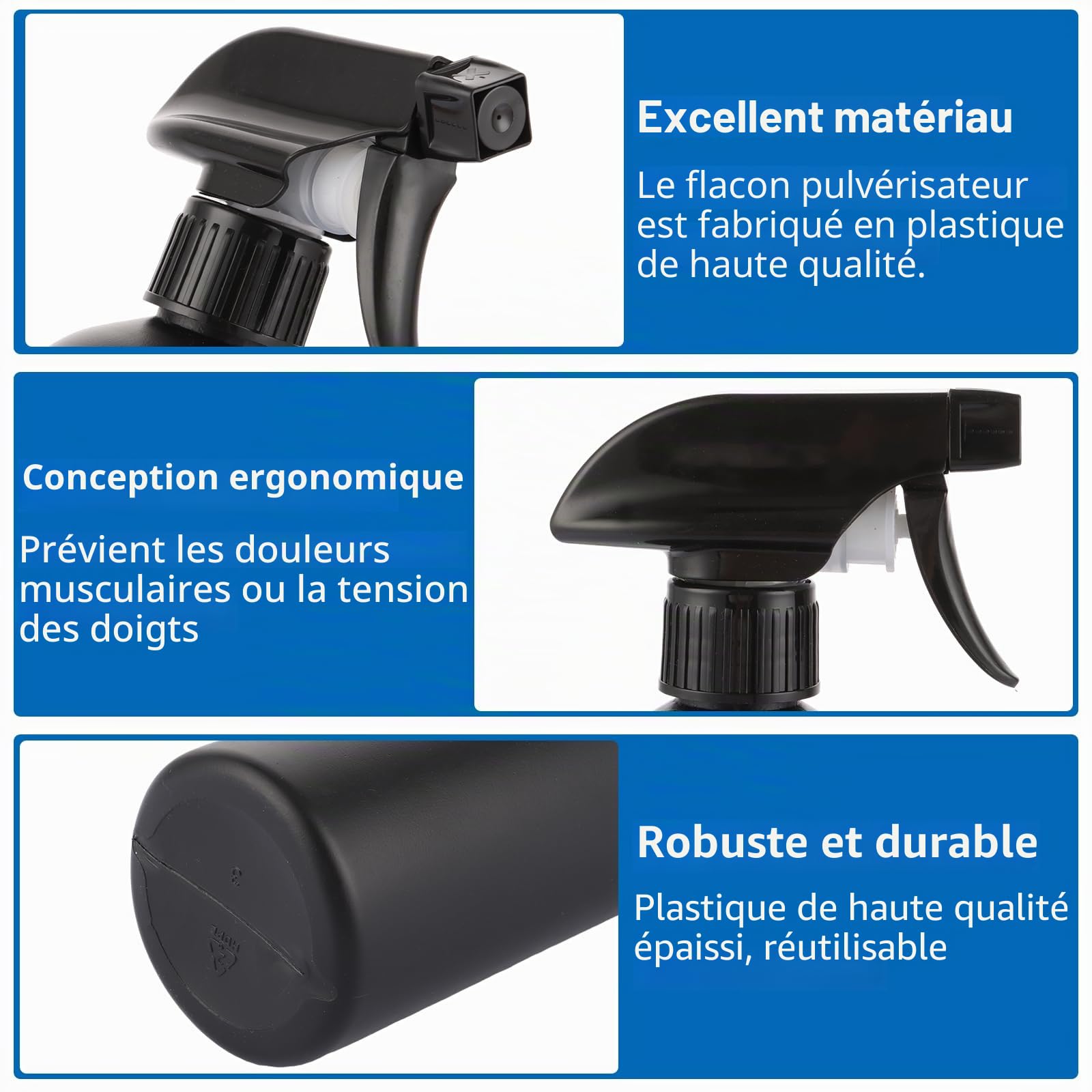 10 x Flacon Spray Vide 500ml, Pulvérisateur à Main Noir, Bouteille Vide Spray Réutilisable pour Jardinage, Ménage, Plantes et Cheveux, Conception Ergonomique