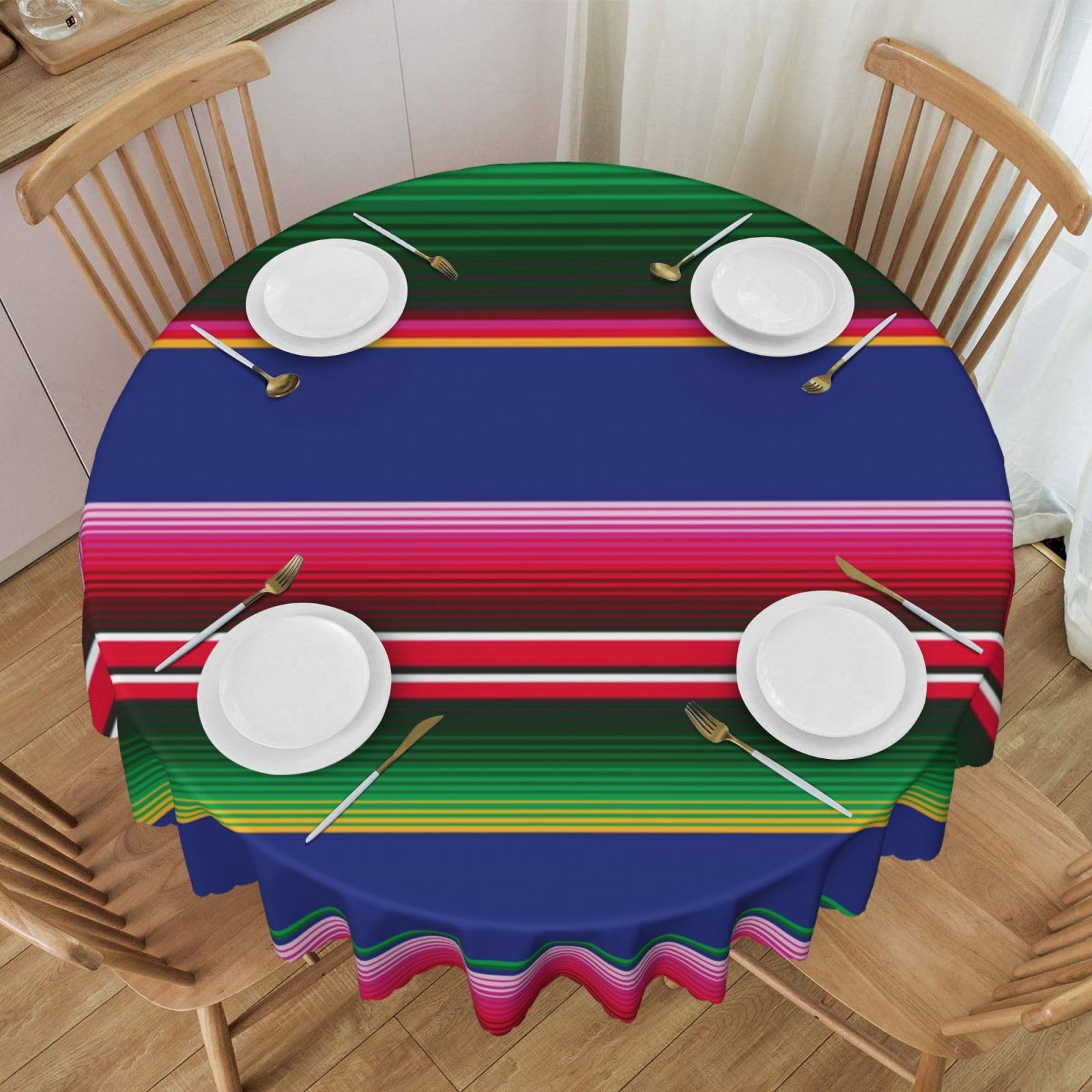 DCEHGEW 60 In Round Tablecloth with Lace, Colorful Mexican Stripes Printed Oilproof & Washable Fabric Picnic Table Cloth Table Covers