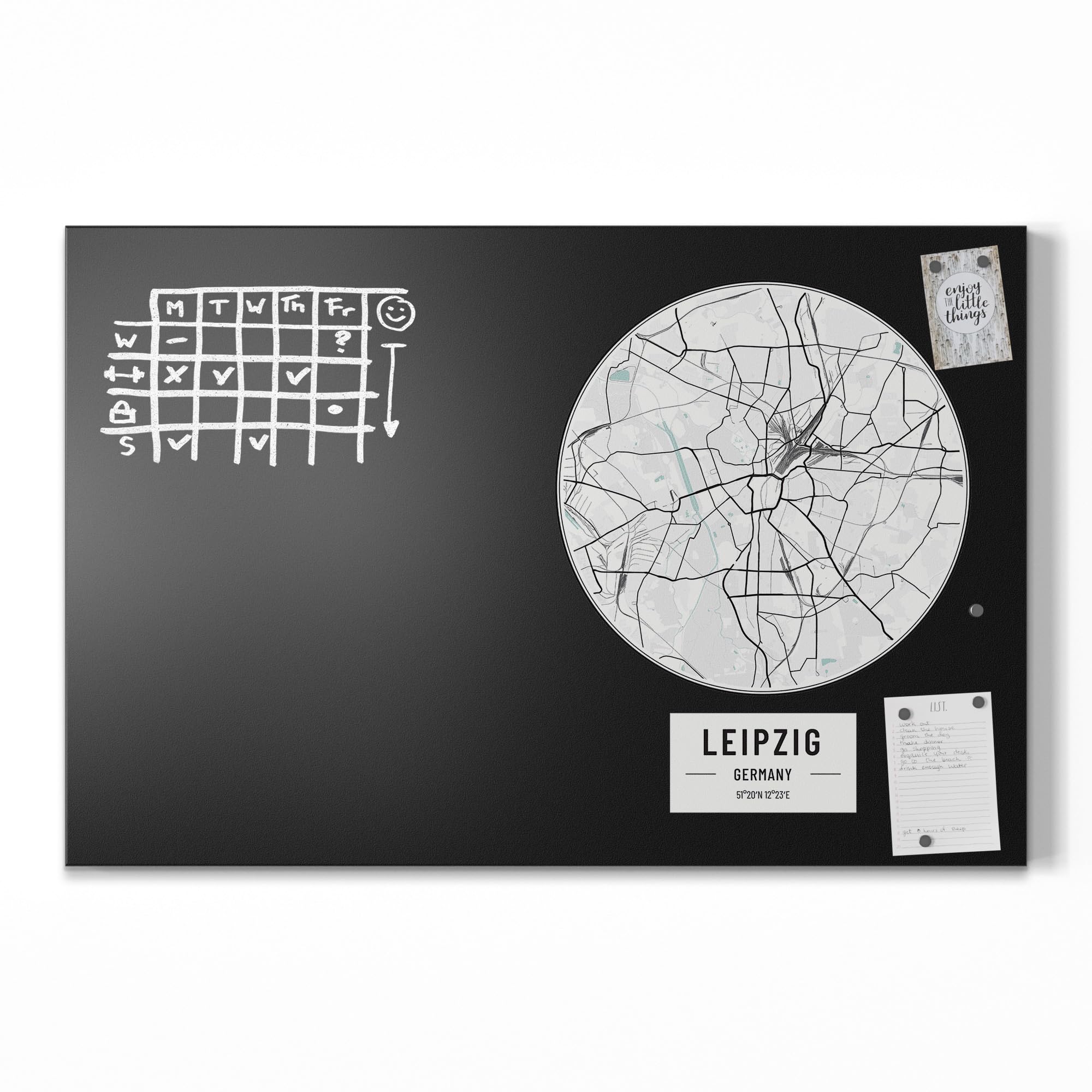 DEQORI Magnetyczna tablica do pisania kredą z nadrukiem UV, motyw "mapa miasta Lipsk", prostokątna, 90 x 60 cm, metalowa tablica kredowa do pisania – dekoracja ścienna do kuchni, korytarza, pokoju