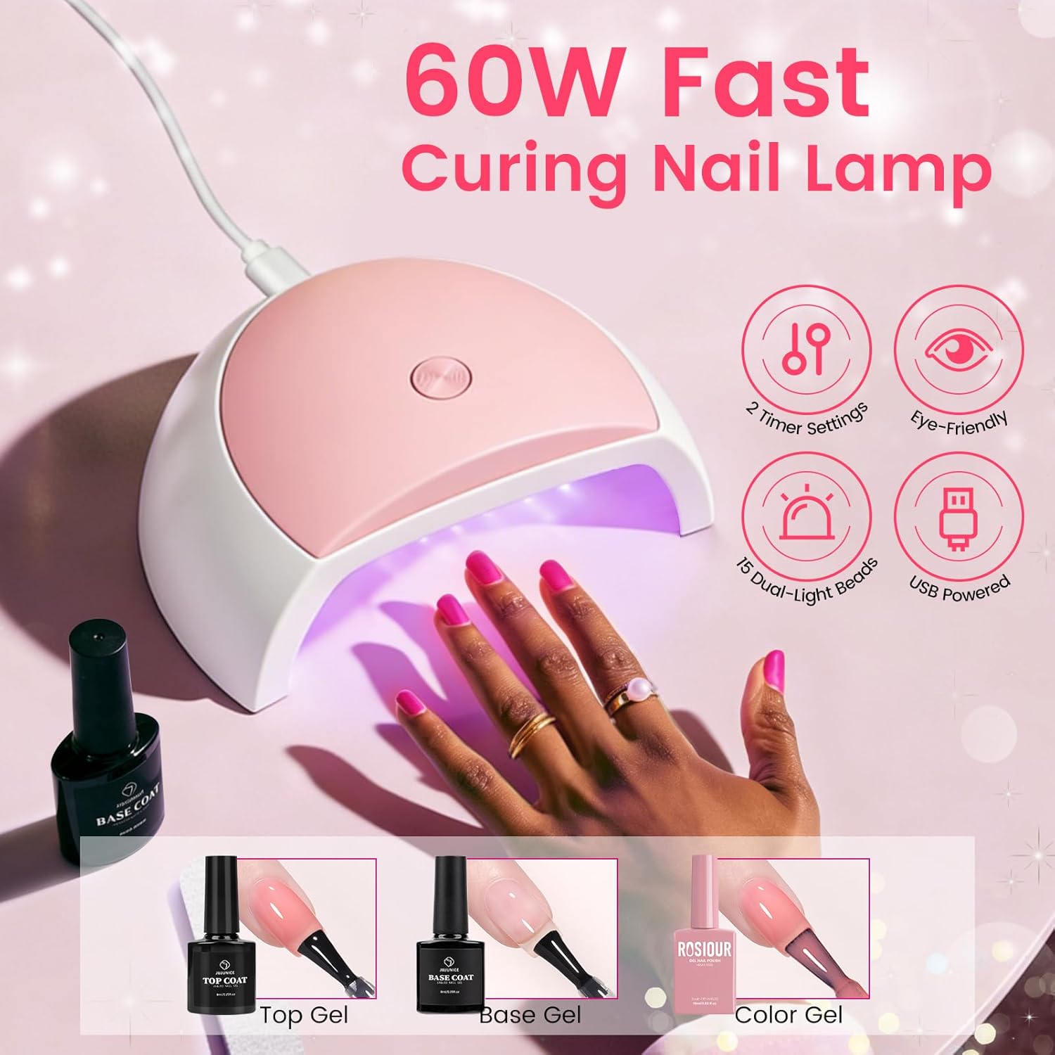 Acrylic Nail Kit for Beginners with Everything: 12 Colors Professional Acrylic Powder Starter Set with Drill UV Light Glitter & Rhinestones in Cosmetic Bag, Ideal Gift for Women Home & Salon (Pink)