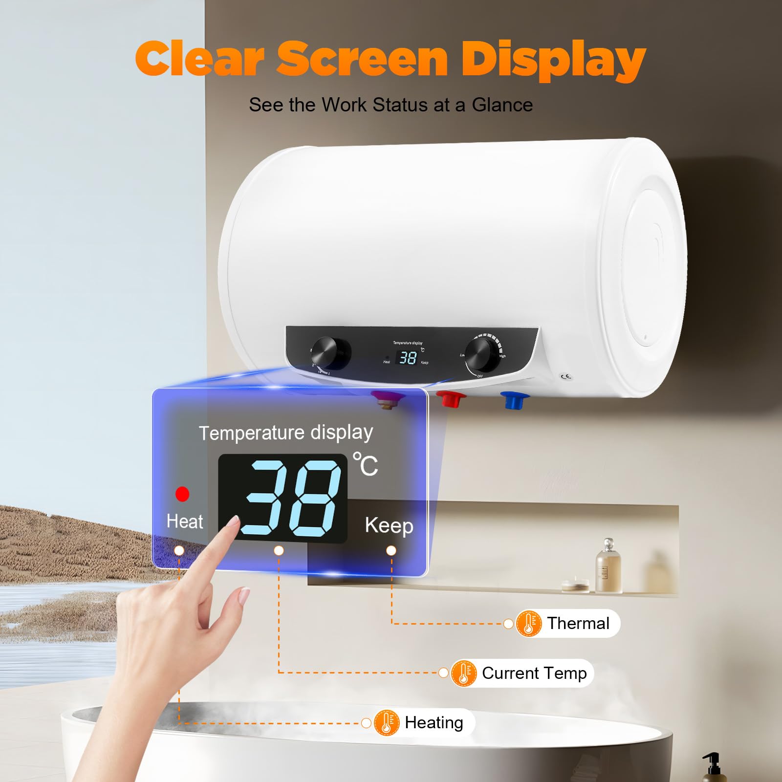 Scaldabagno elettrico da 35 l, 2000 W, montaggio a parete, antiruggine, livello di impermeabilità IPX4 e temperatura regolabile da 25 a 75 °C