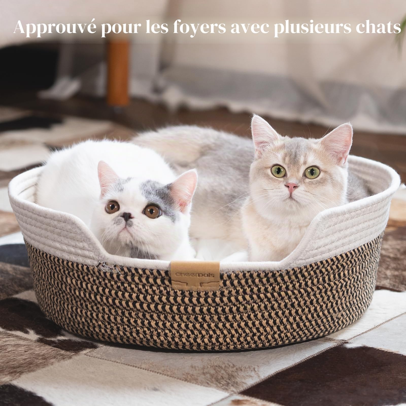 CheerPals Panier Chat Tressé en Corde, Lit pour Chat Respirant au Design Artisanal, Panier Rond et Douillet pour Toutes Saisons, Style Nordique, 47x47x15 cm