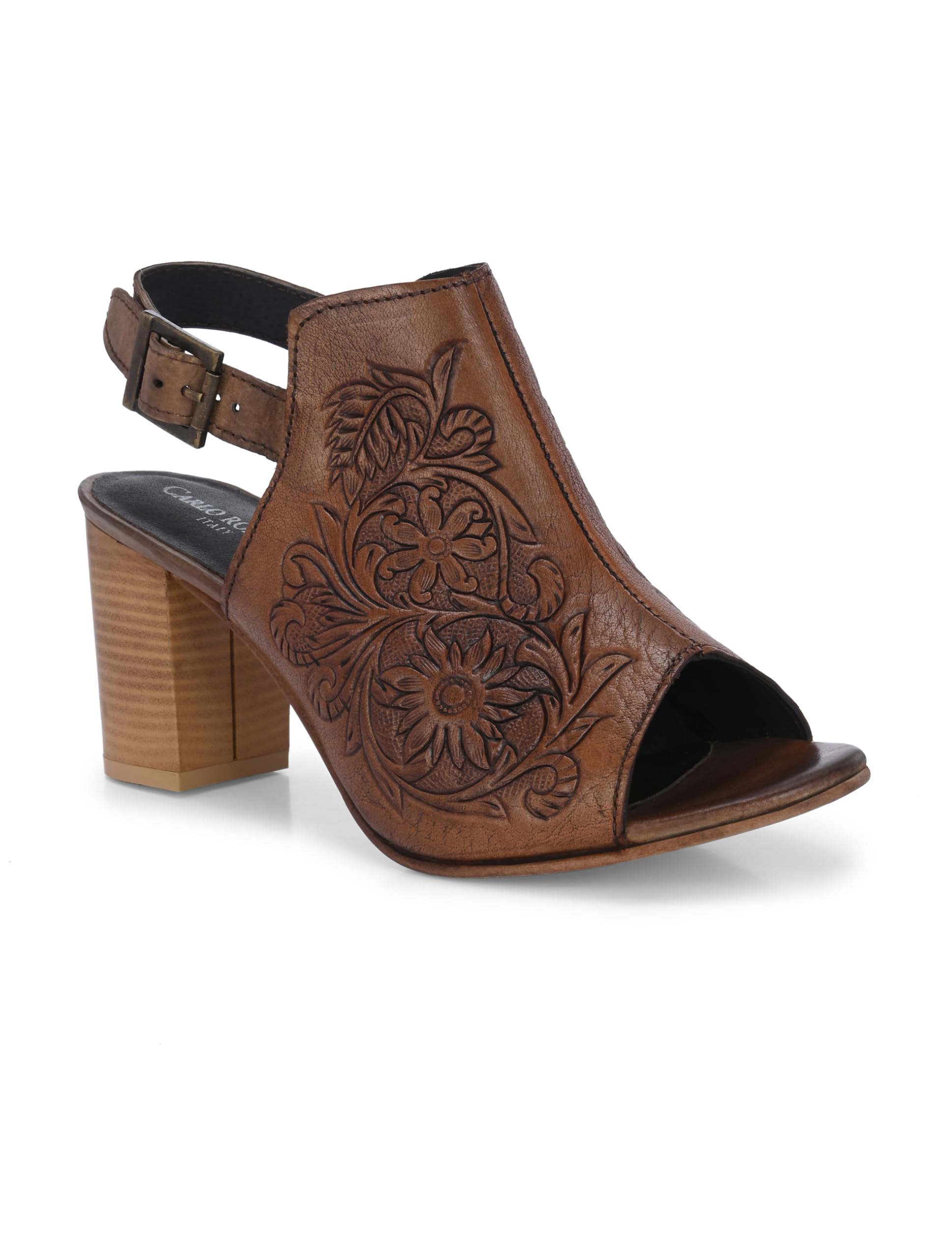 carlo romano Women's Genuine Leather Sandal, Fashion Sandals, Floral Embossed, Peep Toe, Block Heel, Slingback-picture-41