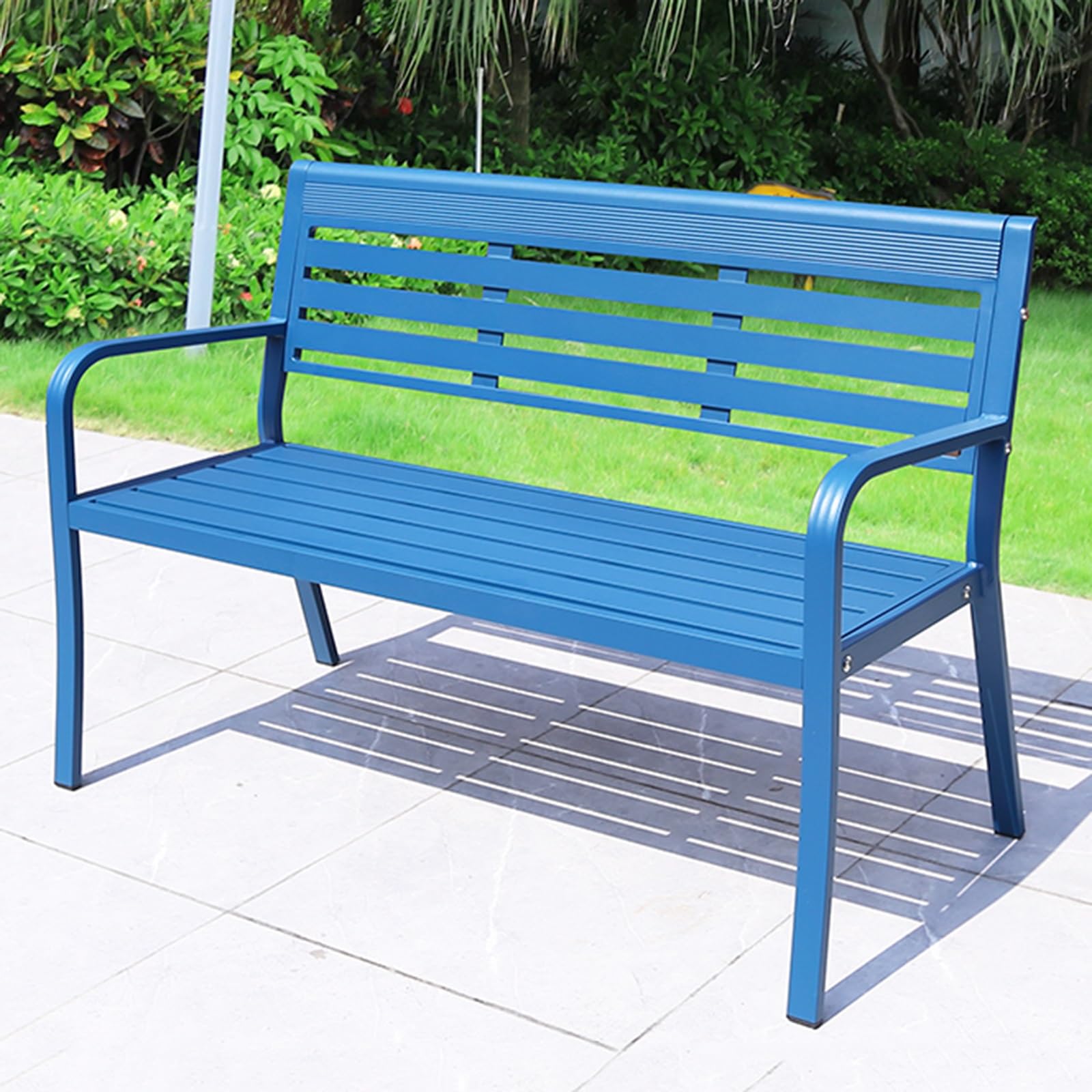 Banco de jardín de aluminio azul de 124 cm con respaldo para porche