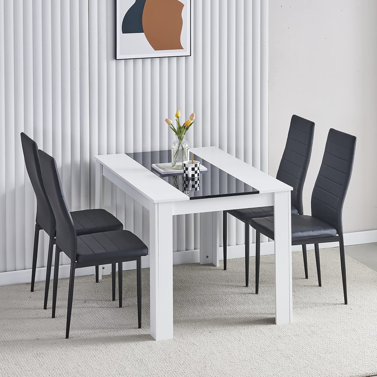 Small Dinning Room Table White and Black Chairs Set of 4, Modern Wooden