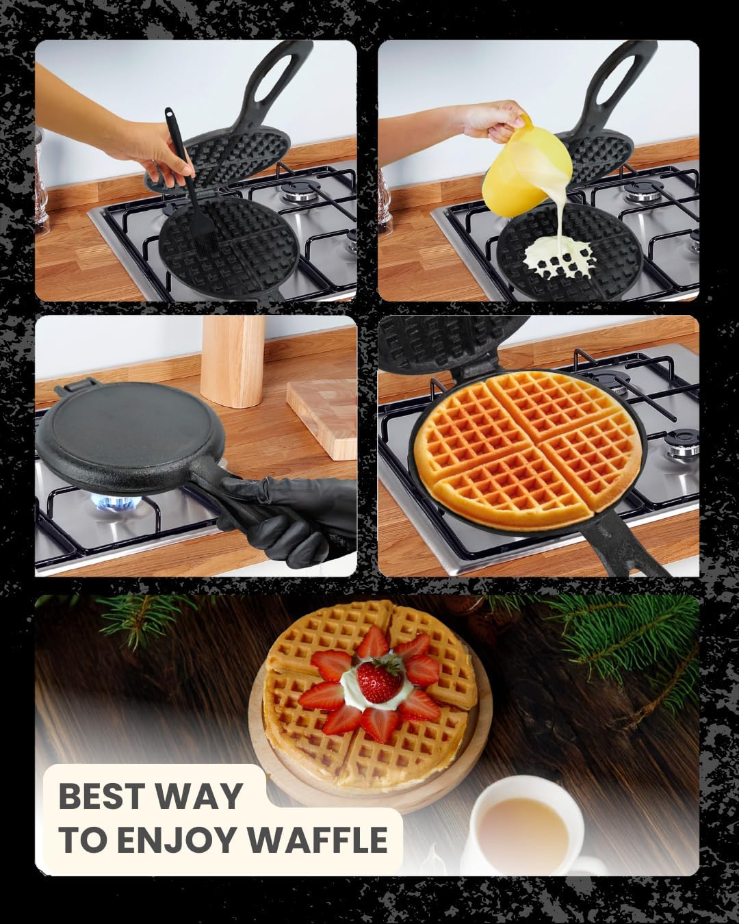 Cast Iron Waffle Maker Stove Top Bundle (5-Pieces) for Camping Grill or Stove Top