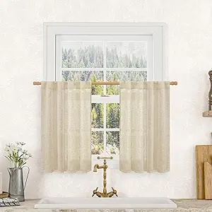 LAMIT Semi Sheer Linen Curtains 36 Inch Length 2 Panels, Light Filtering Panels Back Tab and Rod Pocket Neutral Drapes for Cafe/Kitchen/Loft Room, Linen, 25 x 36 Inch
