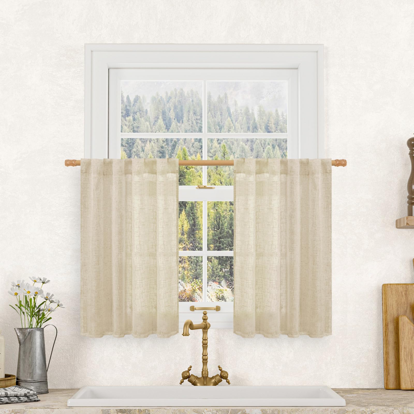 LAMIT Semi Sheer Linen Curtains 36 Inch Length 2 Panels, Light Filtering Panels Back Tab and Rod Pocket Neutral Drapes for Cafe/Kitchen/Loft Room, Linen, 25 x 36 Inch โ image 1