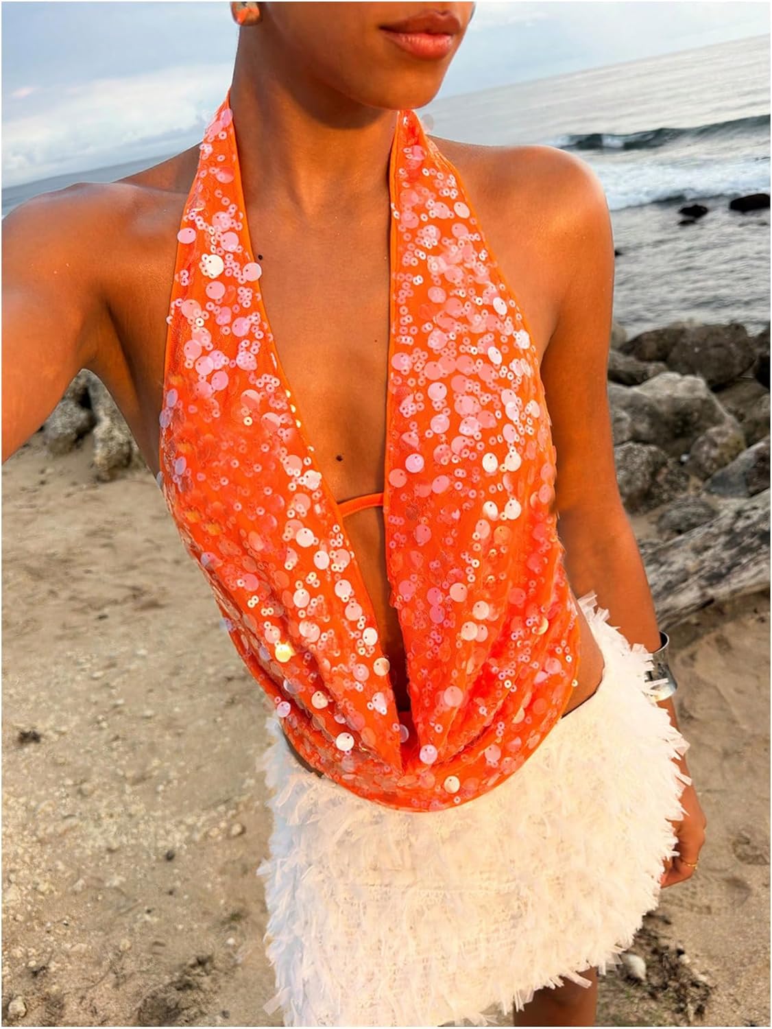 SOLY HUX Women's Sequin Glitter Halter Crop Tank Top Sparkly Backless Deep Cowl Neck Going Out Vest Clubwear - Image 2