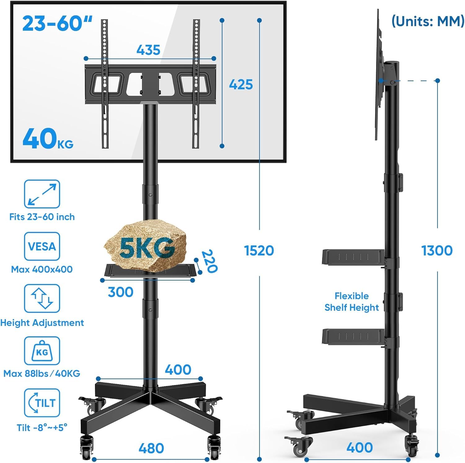 FORGING MOUNT Soporte TV Ruedas para TVs Planos y Curvos de 23-60 Pulgadas, Soporte TV Pie con Ruedas Móvil con Inclinación y Estante para Medios, hasta 45 kg, Máx. VESA 400x400mm