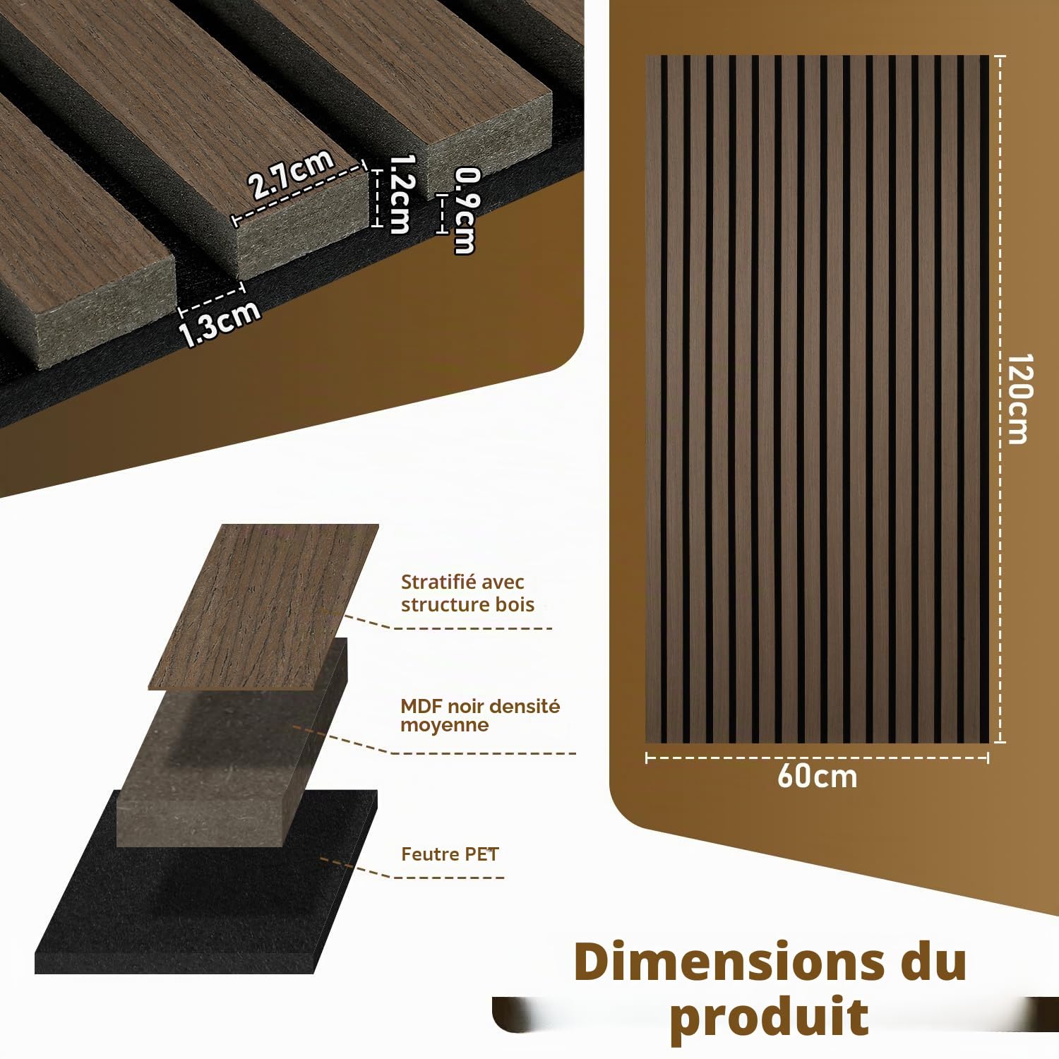 𝗝𝗮𝘆𝘀𝗲𝘂𝘄 Panneaux acoustiques en bois 2 pièces 120 x 60 cm, 2 panneaux de 120 x 60 cm, placage bois et feutre, revêtement mural pour studio et maison, noyer