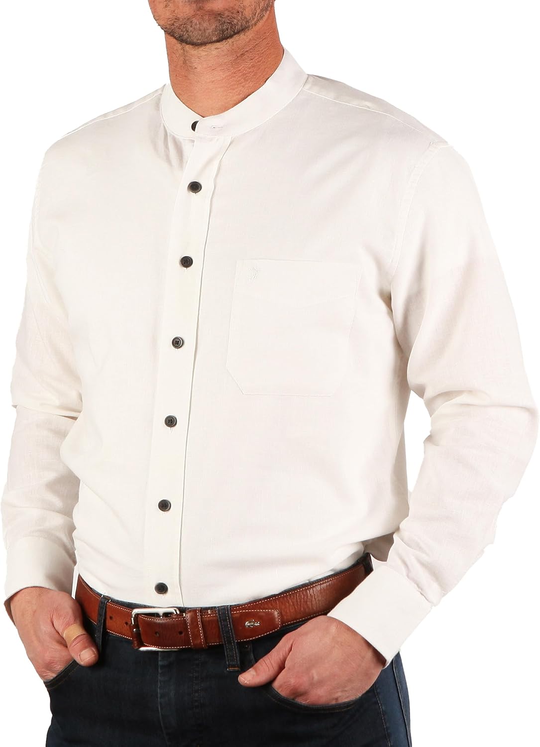 The Celtic Ranch Traditional Irish Grandfather Collarless Shirt, Men’s Linen Cotton Lightweight Long-Sleeve Dress Shirt