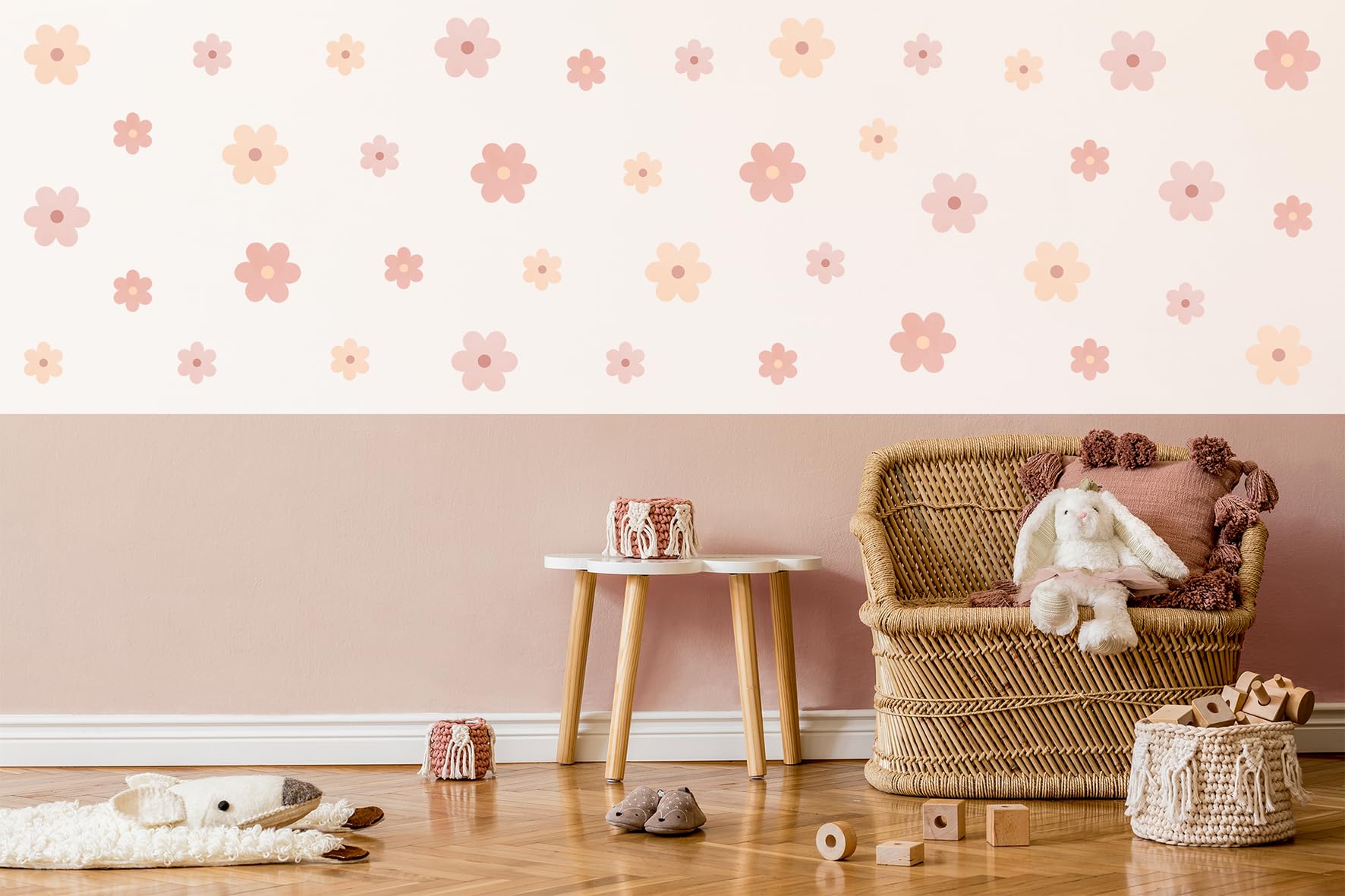 Stickers Muraux Enfants Fleurs– Autocollants Décoratifs - Non Toxique, Sûr, de Haute Qualité – Déco Chambre Enfant - Pâquerette - Rose, crème - 48pcs
