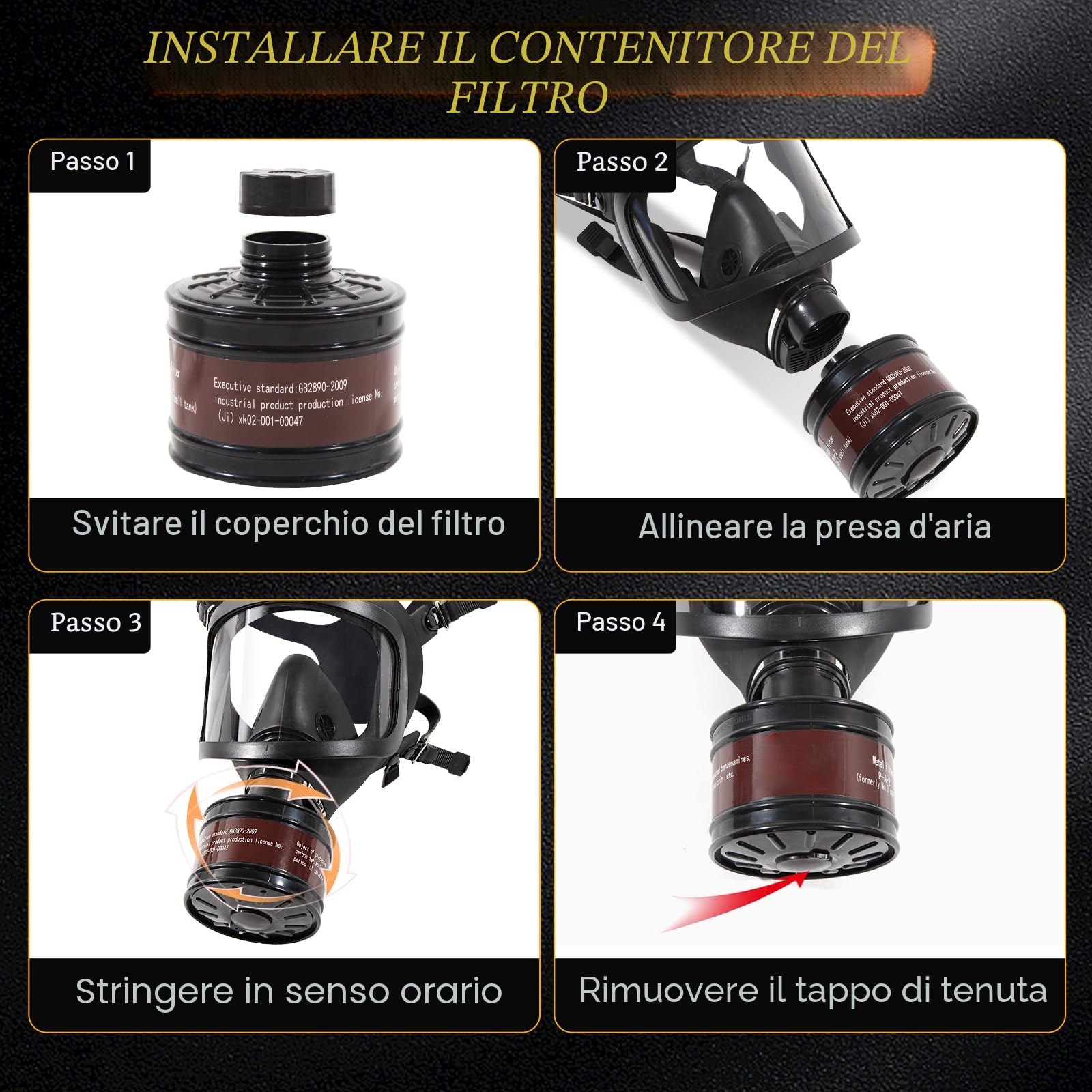 Maschera antigas chimica, maschera respiratoria integrale con filtro a carbone attivo da 40 mm per polvere, gas, vapori, sostanze chimiche, resina, levigatura, spruzzatura, lavori di costruzione