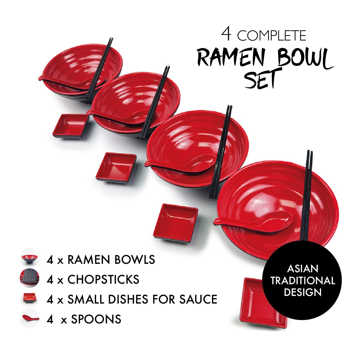 balibetov Set Vajilla Japonesa de 16 piezas- Incluye 4 Cuenco Ramen, Palillos, Cucharas y Pequeño Plato para Salsa - Cuencos Japoneses Ideales para Comida Japonesa, China, Coreana o Pho-4 sets, 16pzs
