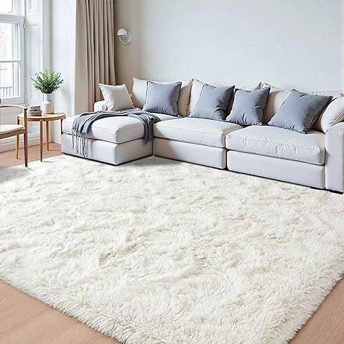 Miniatura 9 de Alfombras de pelo largo para sala de estar, alfombras de área blanco crema de 5 x 7 pies, antideslizantes, modernas, de estilo minimalista,