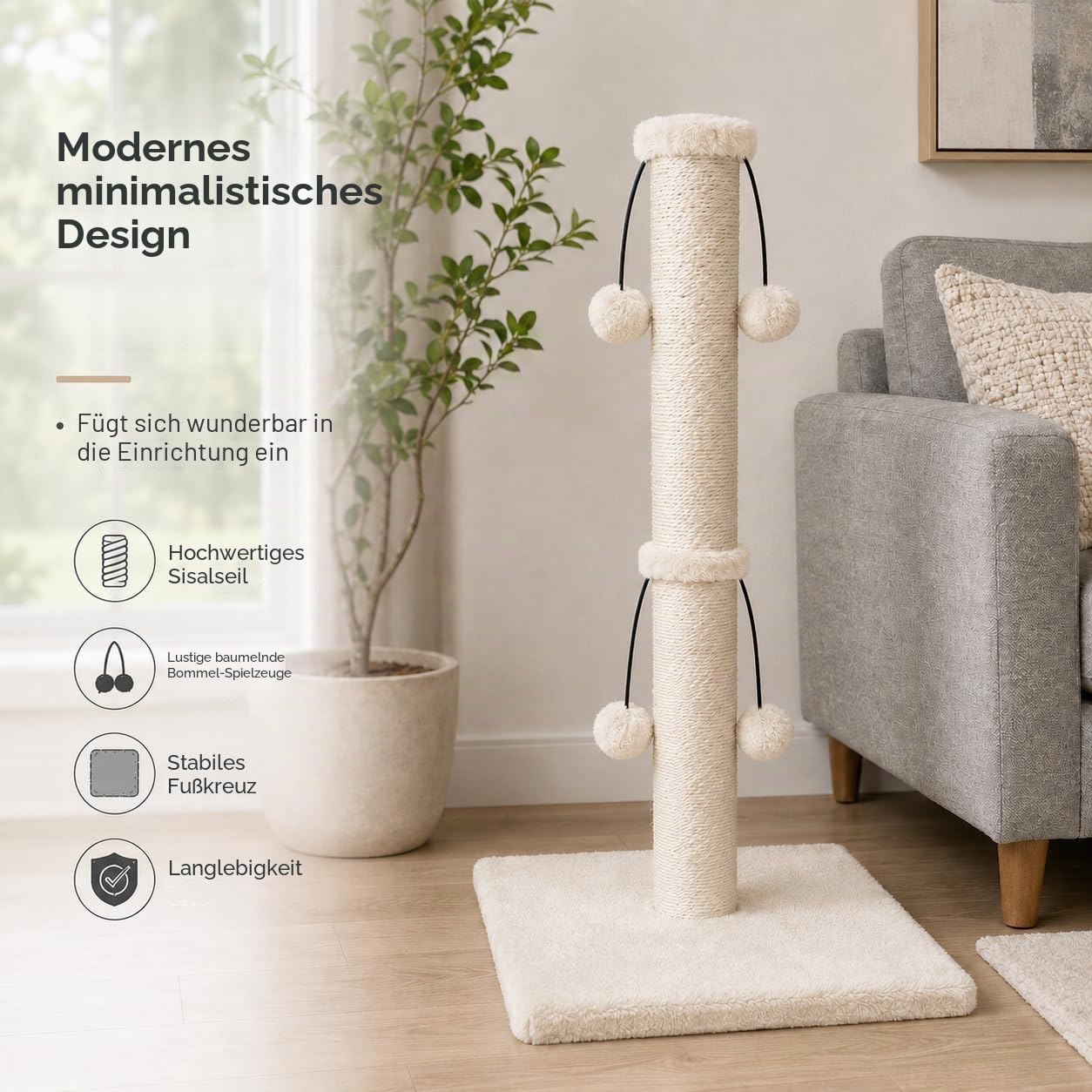Dimaka Kratzbaum für Katzen, 73 cm, natürliches Sisalseil, Kratzbaum mit 4 Spielbällen für große Katzen, Beige