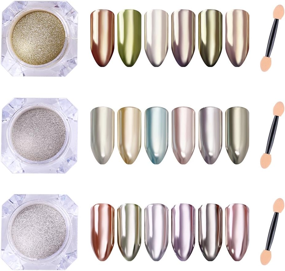 CoulorButtons 3 Boxes Mirror Nail Powder Champagne Silver Gold Shimmer Glitter Powder Manicure Nail Art Chrome Pigment Dust With 50pcs Eyeshadow Sticks