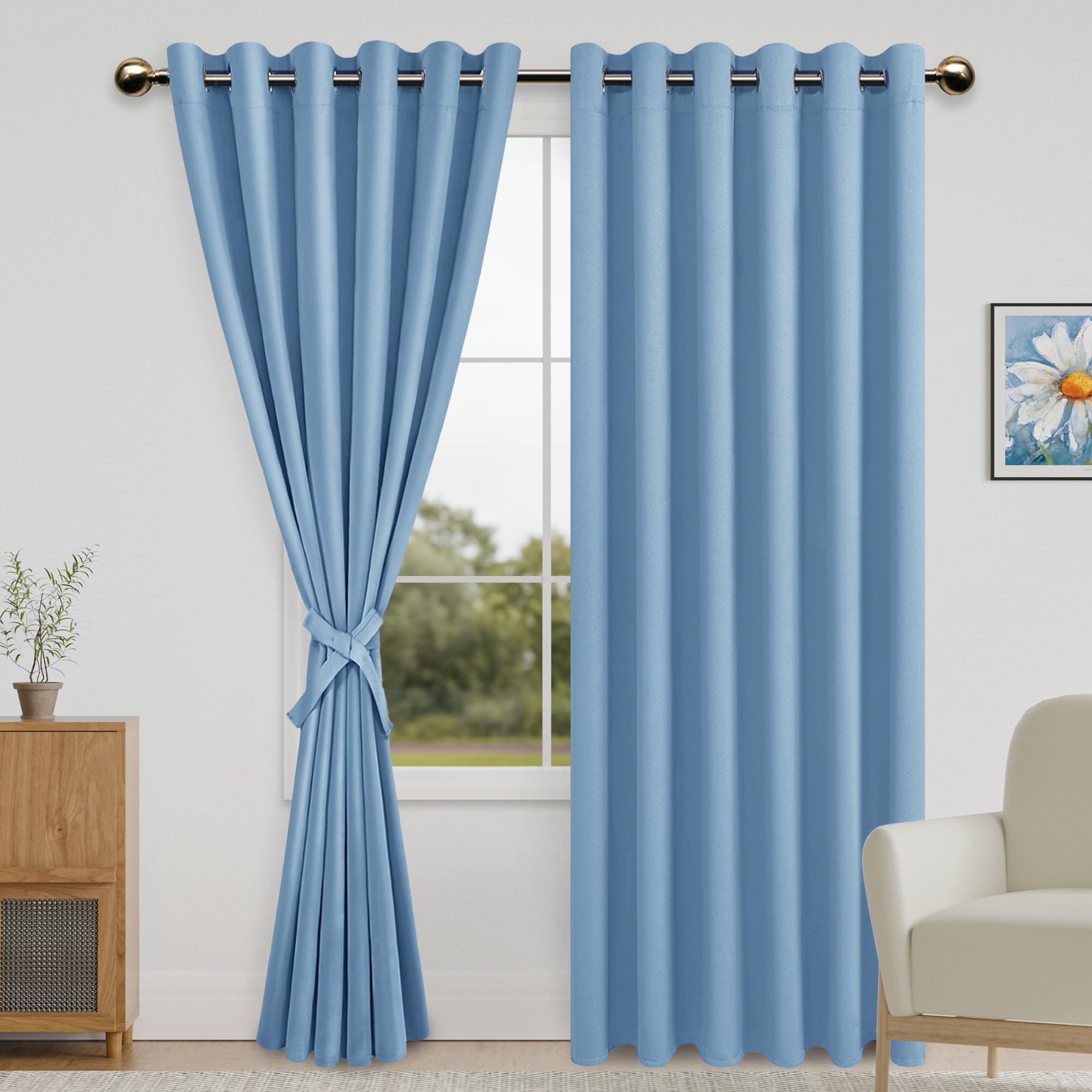 DWCN Blackout Curtains for Bedroom with Tiebacks - Room Darkening Privacy Grommet Top Window Curtains for Living Room, 70 x 84 inch Length,Light Blue,Set of 2 Panels