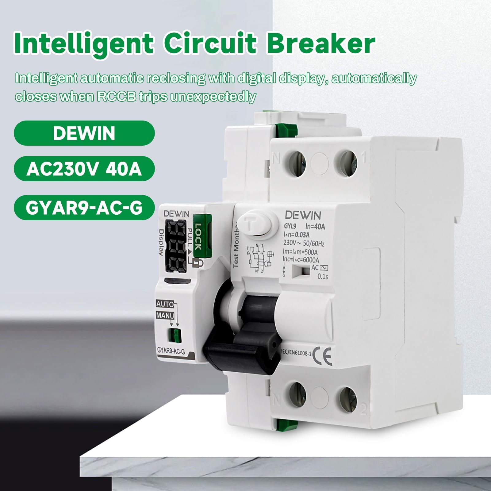 DEWIN 40A 30mA Salvavita con Riarmo Automatico con display a LED,Restart 40A Interruttore Differenziale a Riarmo Automatico (30mA Type AC)