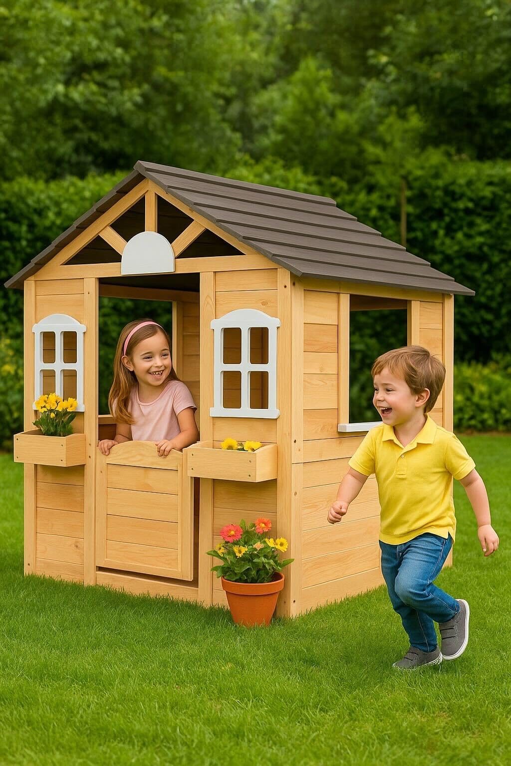 ONVAYA® Kinderspielhaus aus Holz ǀ mit Tür und Fenster ǀ Spielhaus aus Echtholz ǀ für DIY-Streichprojekte ǀ einfacher Aufbau ǀ Gartenhaus für Kinder