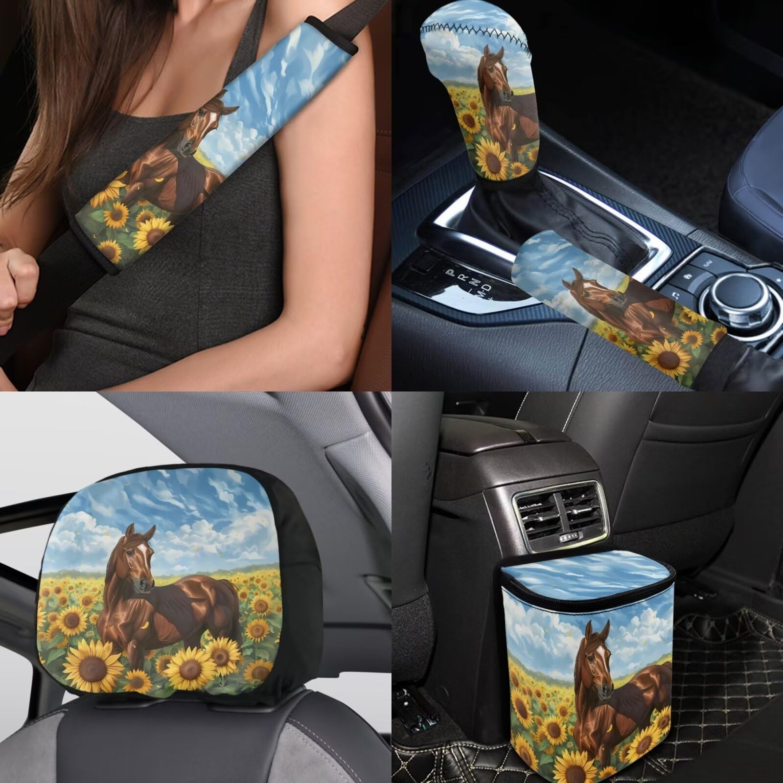 Autositzbezüge für Pferde, vollständiges Set für Damen, Sonnenblume, vorne und hinten, geteilte Sitzbank, abnehmbar, automatisch, universell passend für die meisten Autos, Vans, Limousinen,