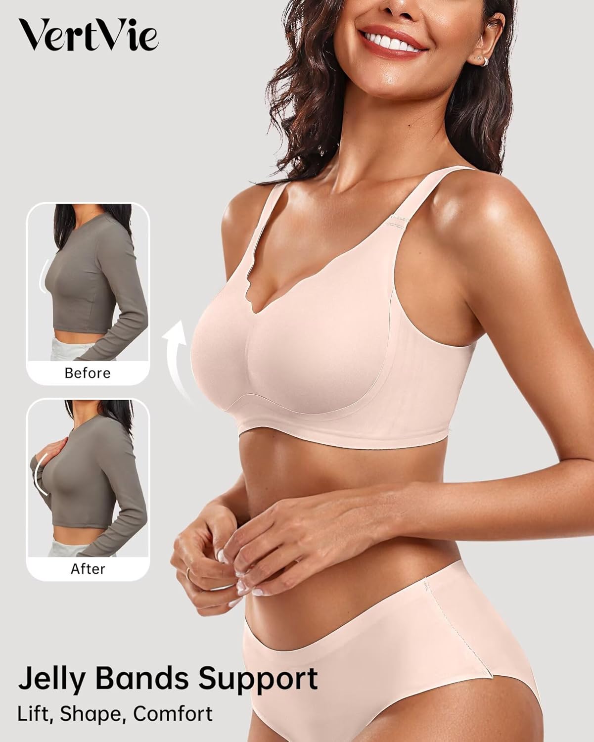 Vertvie Women Seamless Jelly Bras No Underwire Supportive Wireless Push Up Full Coverage Bralette Comfy Scalloped T-Shirt Bra - Image 2