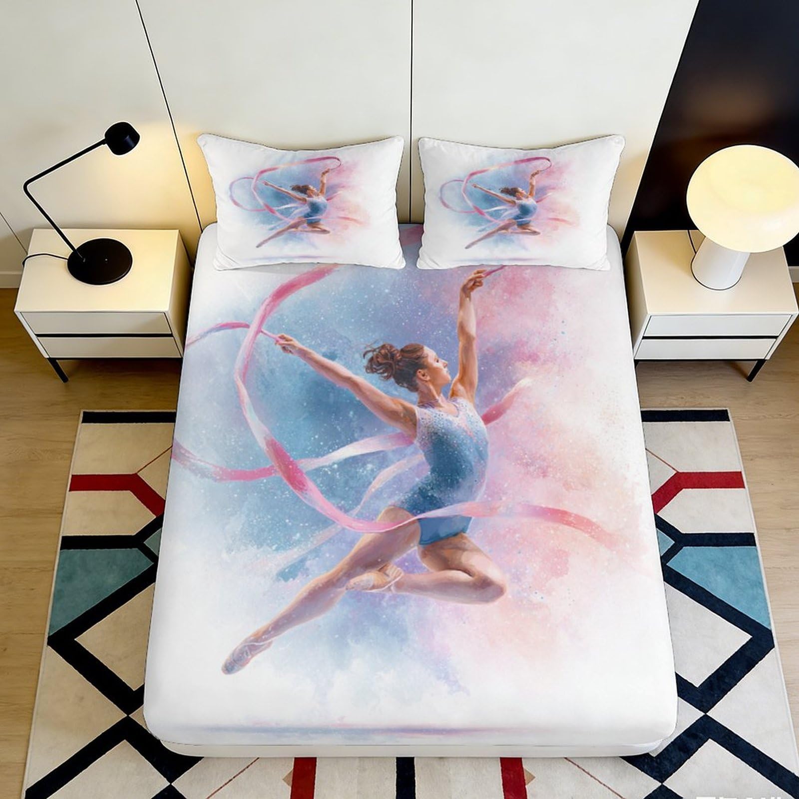 3D Printed Ballet Dancer Fitted Sheet Microfiber Soft Breathable Ribbon Pattern Bed Cover for Bedroom Dormitory Guest Room Mattress Protection Decor 90x200x25cm