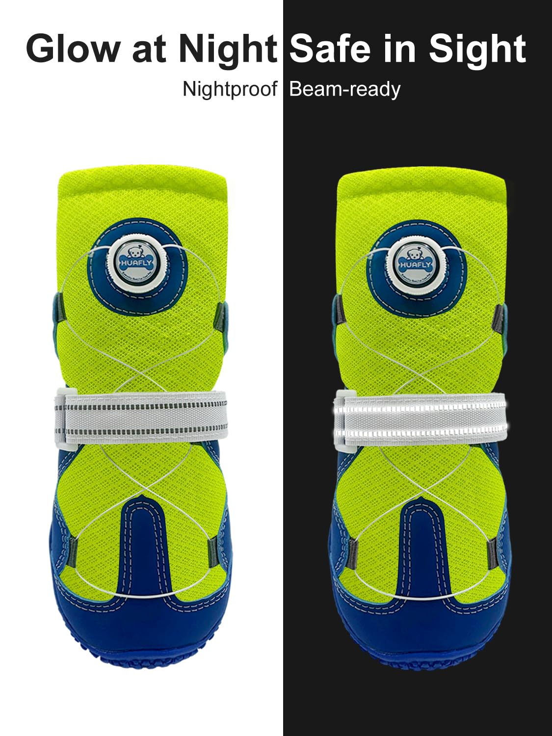 Huafly Hundeschuhe mit Zugknopf, Twist-Lock-Hundeschuhe und Pfotenschutz für kleine, mittelgroße und große Hunde, rutschfeste Sohle, atmungsaktives Netzgewebe, reflektierender Riemen für Wandern