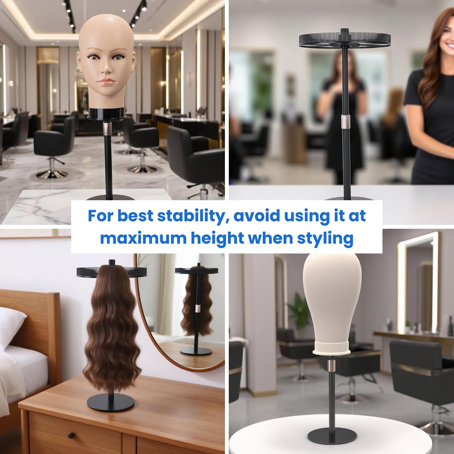 Adjustable Hair Extension Stand – Matte Black Metal, 11"–17.5" Height, Tangle-Free Storage & Display for Bangs, Clip-Ins, Color Strips, Colored Clip Hair Extensions & More, Non-Slip Base, Easy Assembly