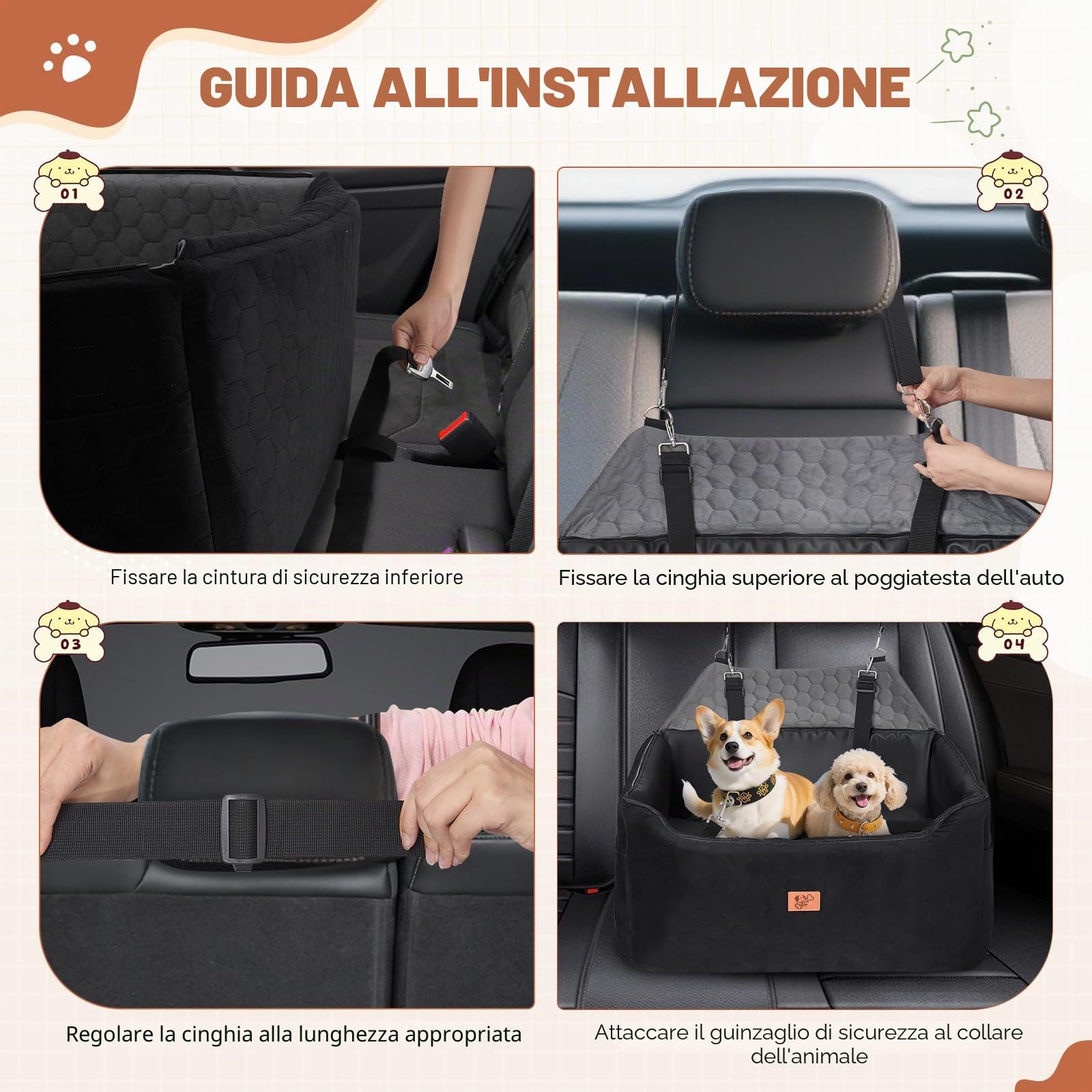 Seggiolino Auto per Cani 78x55x53cm, Rialzo Rimovibile e Lavabile per Cani di Taglia Media e Grande, Guinzaglio Incluso, Seggiolino Cane Auto più Pesanti (con Rivestimento in Pelle Impermeabile)
