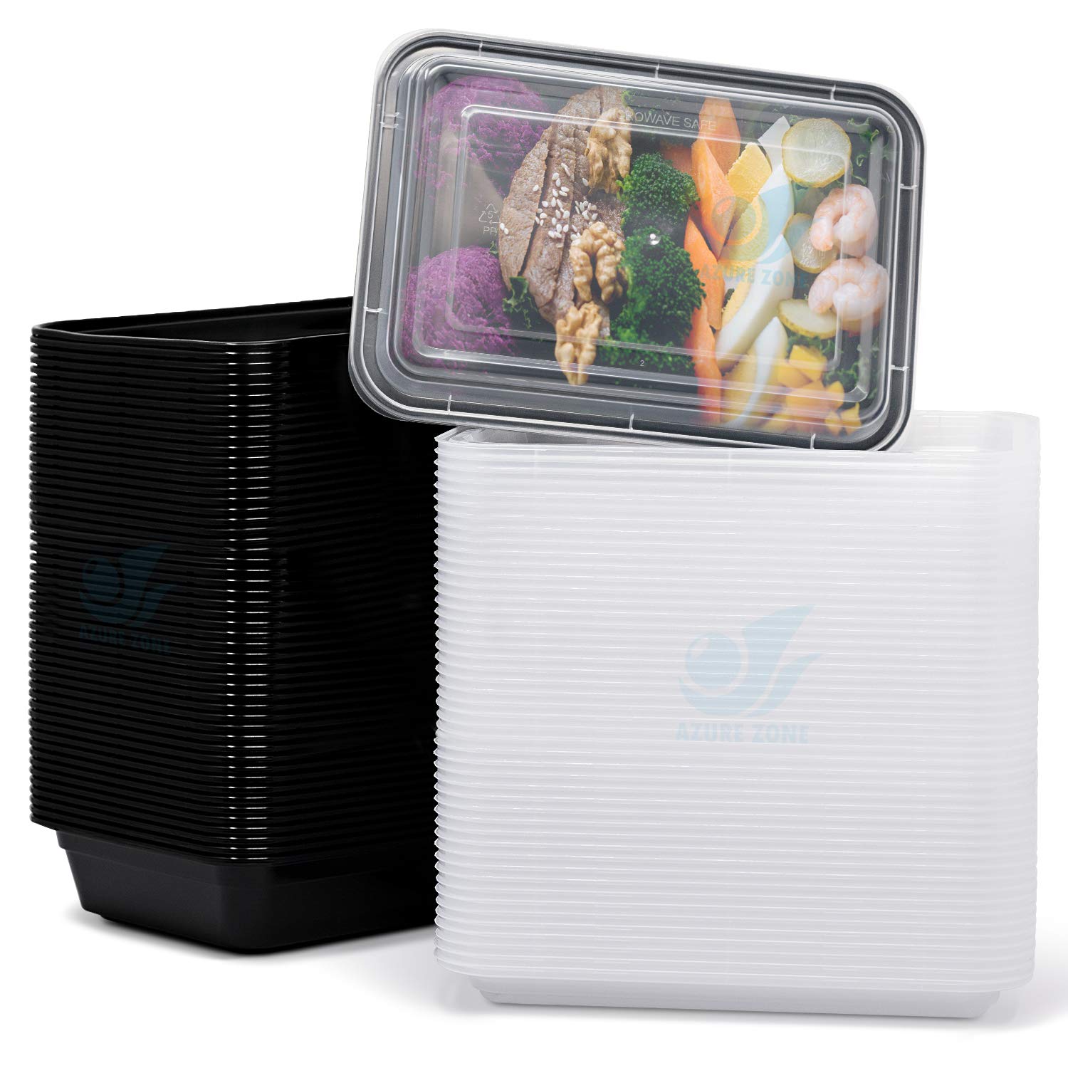 Azure Zone, 28 oz, 50-Pack Rectangular Meal Prep Food Container with Lid - One Compartment Bento Box Stackable Freezer/Microwave/Dishwasher Safe Reusable Storage Portable BPA Free