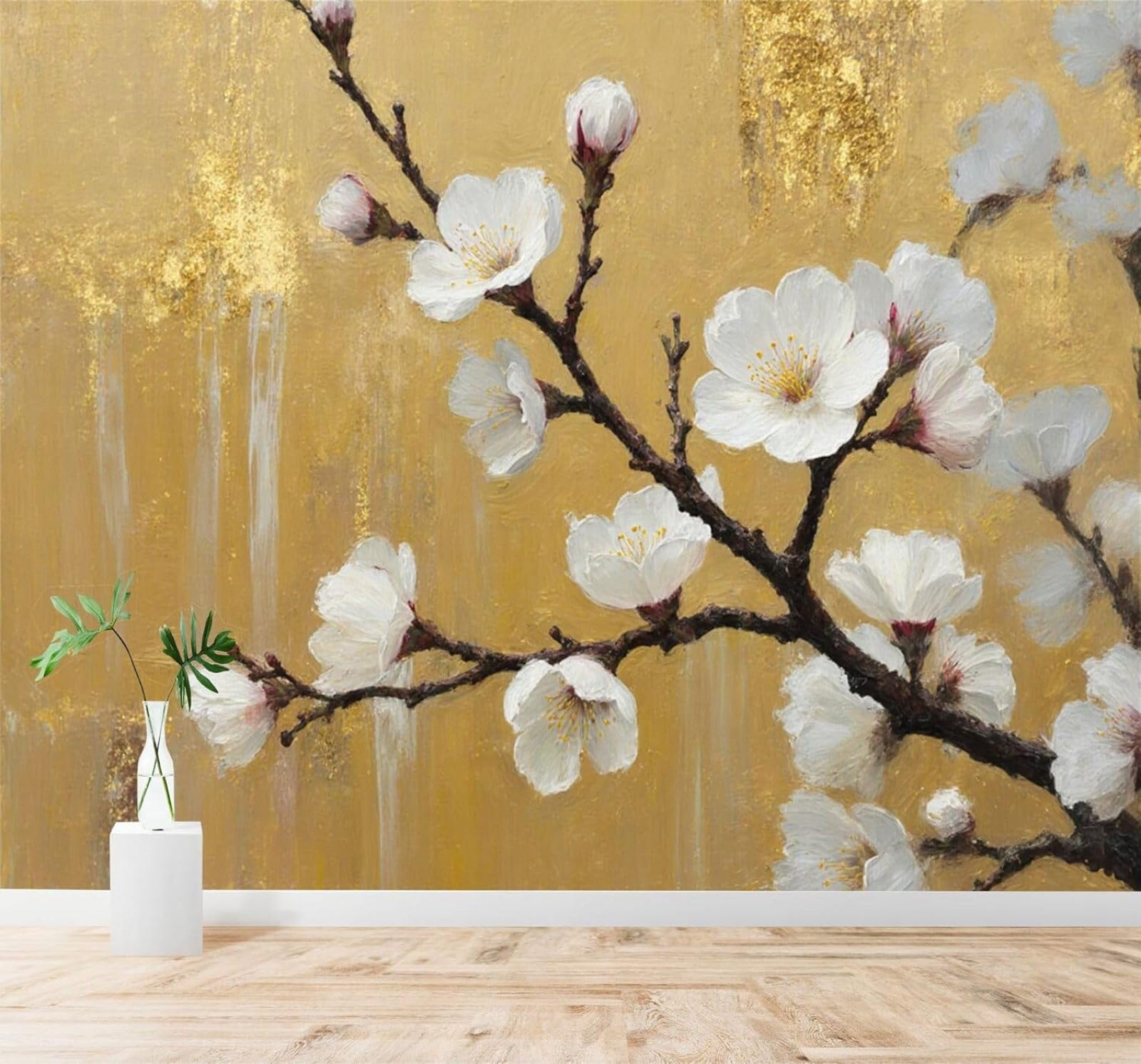 Tzxztt Abstract Gold White Cherry Blossoms Branches Elegant Flowers Modern 3D Wallpaper Premium Textured Silk Neutral Tones Material Ideal for Living Room Bedroom-430cm×300cm