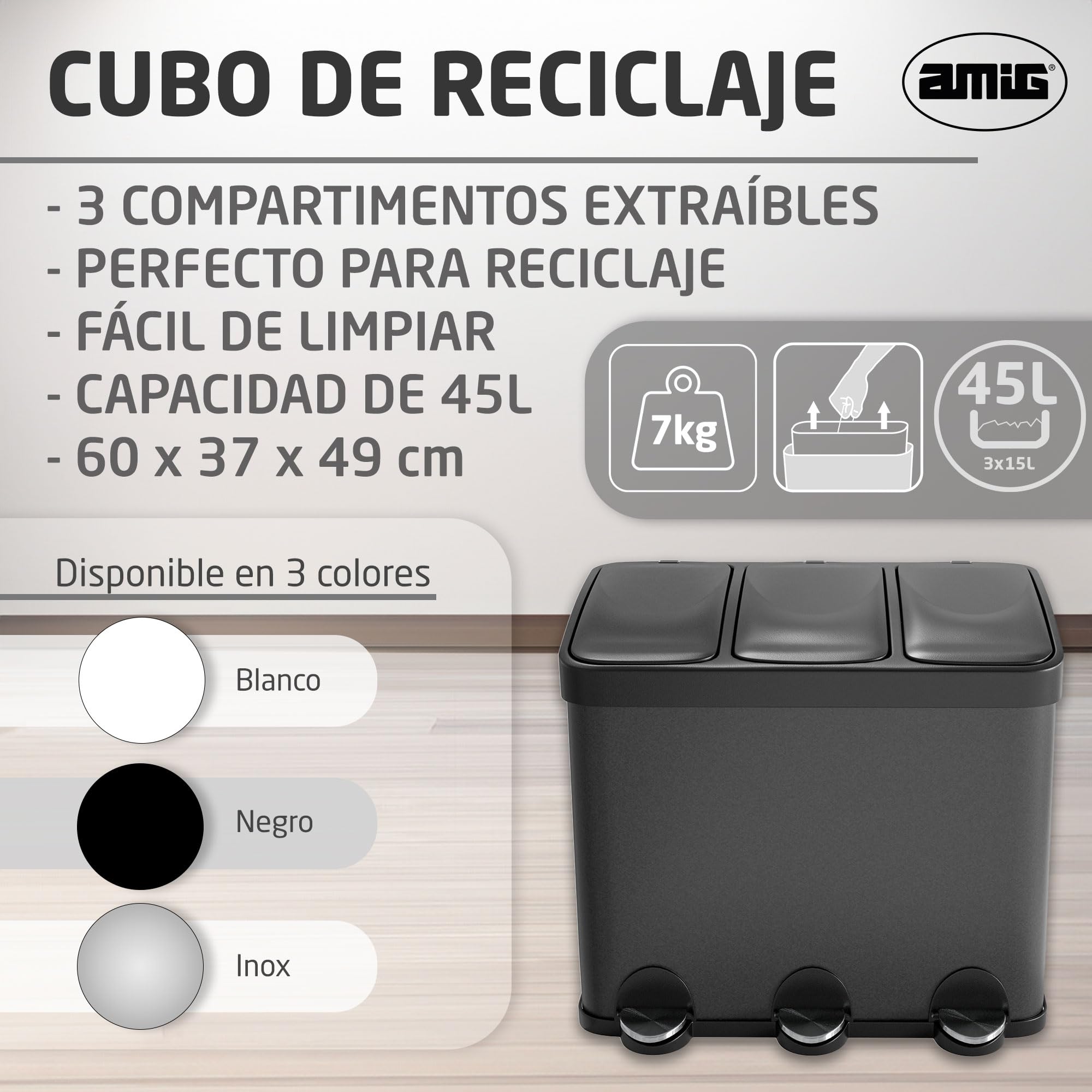 Amig - Cubo de Basura Triple con Pedales 45 litros - 3 Compartimentos Extraíbles de 15 litros - Cubo de Reciclaje para Cocina - Acero - 60 x 37 x 49 cm - Negro Mate