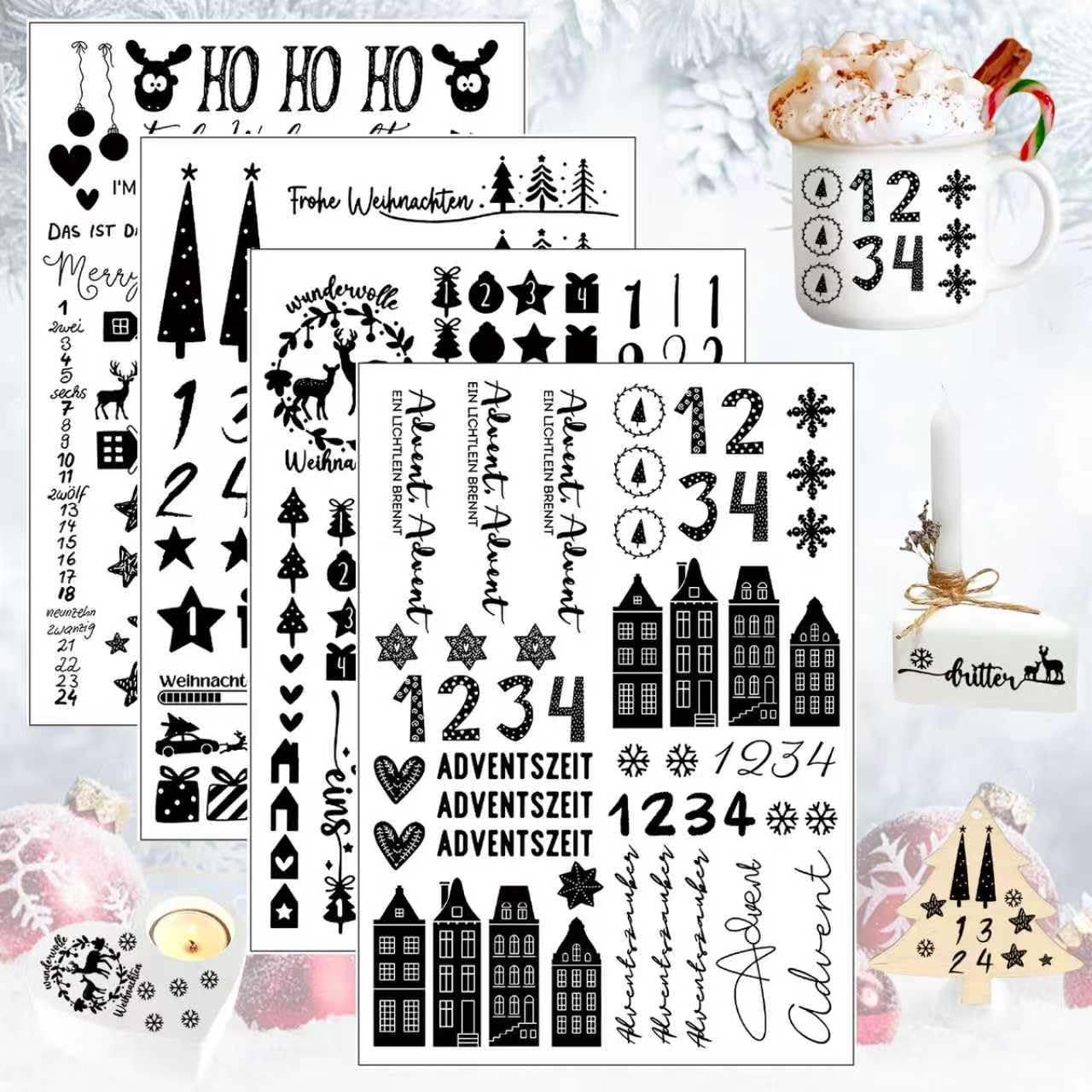 Rub On Sticker Weihnachten, 4 Stück A5 Advent Rub On Sticker, Advent Rub Ons Transferaufkleber, Rub Ons Aufkleber, DIY Weihnachtsdeko Stickers, für Tassen, Keramik, Möbel, Fotoalbum (B)